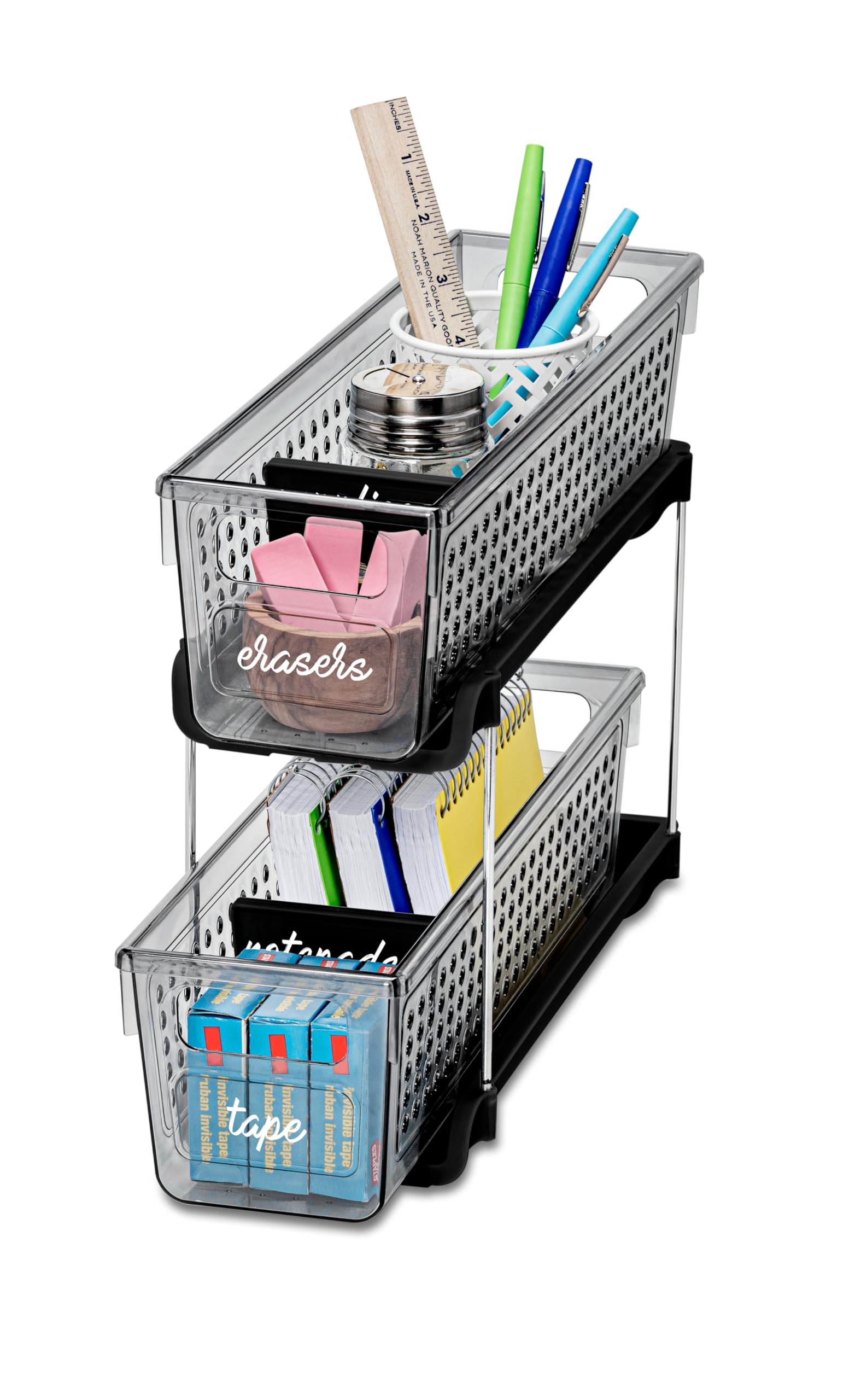 Madesmart Mini 2-Tier Plastic Storage Organizer with Slide-Out Bins - Space Saving Under Sink & Cabinet Organizer for Kitchen, Bathroom, Office - Carbon Black