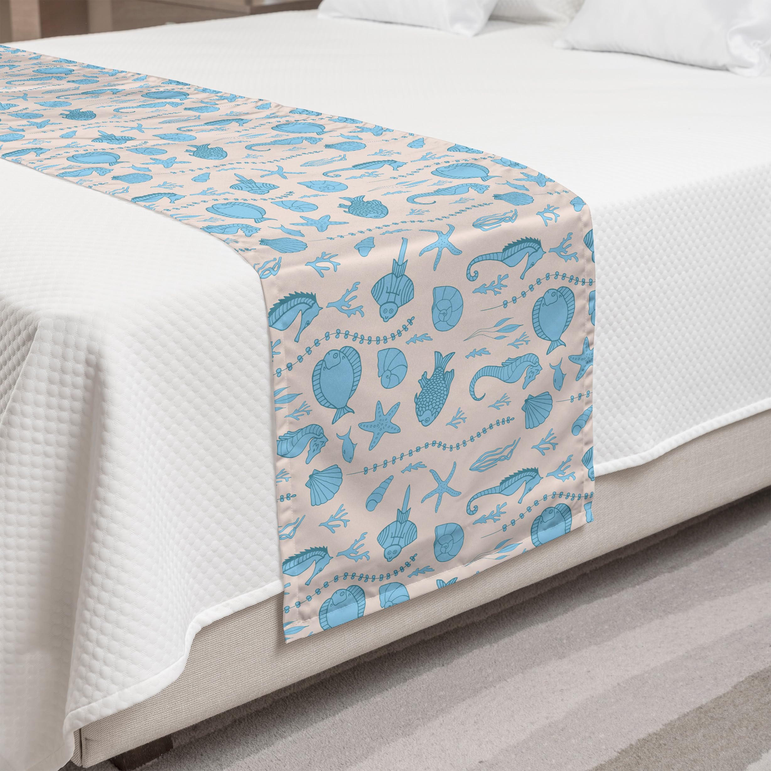 Ambesonne Nautical Bed Runner - Monochrome Sea Life Design with Seahorses, Shells & Corals | Decorative Bed Scarf for Coastal Home Decor, Beach House Bedding & Hotel Room Accent | Perfect for Guestrooms, Master Bedrooms & Vacation Rentals