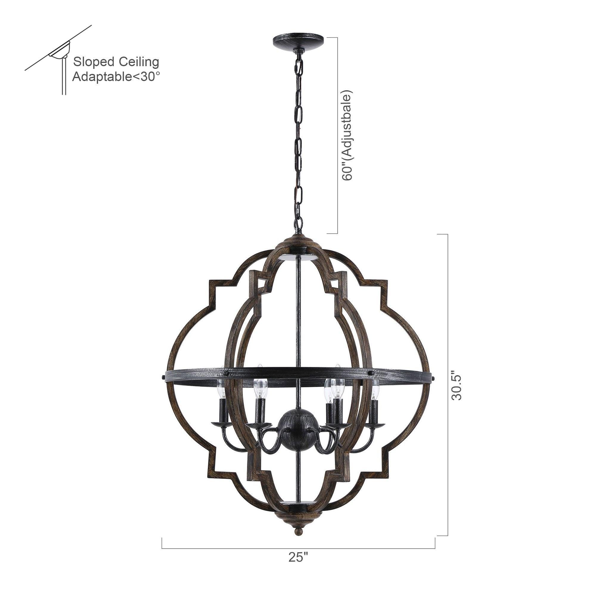 Cambon 6-Light Distressed Black & Brushed Wood Geometric Lantern Chandelier - Perfect for Farmhouse Dining Room, Rustic Kitchen Island, or Entryway Lighting