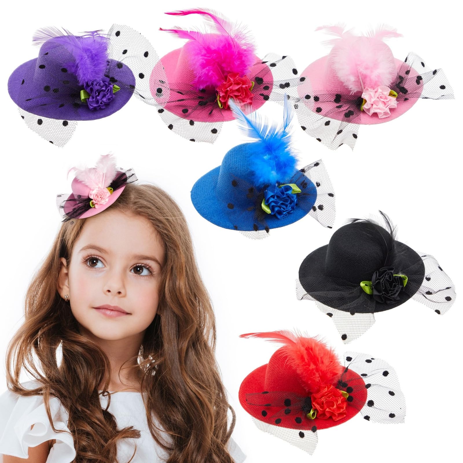 Juvale 6-Piece Mini Tea Party Hats for Women & Girls - Clip-On Hair Fascinators in 6 Colors (4 Inches) - Perfect for Bridal Showers, Birthday Parties, and Afternoon Tea Events