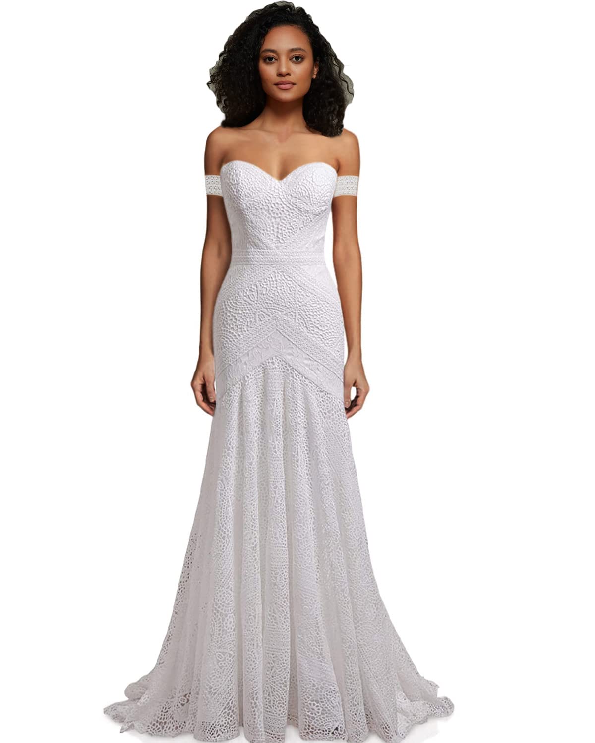 LIPOSA Women's Bohemian Wedding Dress with Detachable Arm Bands - Sweetheart Neckline Mermaid Lace Bridal Gown for Beach, Garden & Outdoor Ceremonies