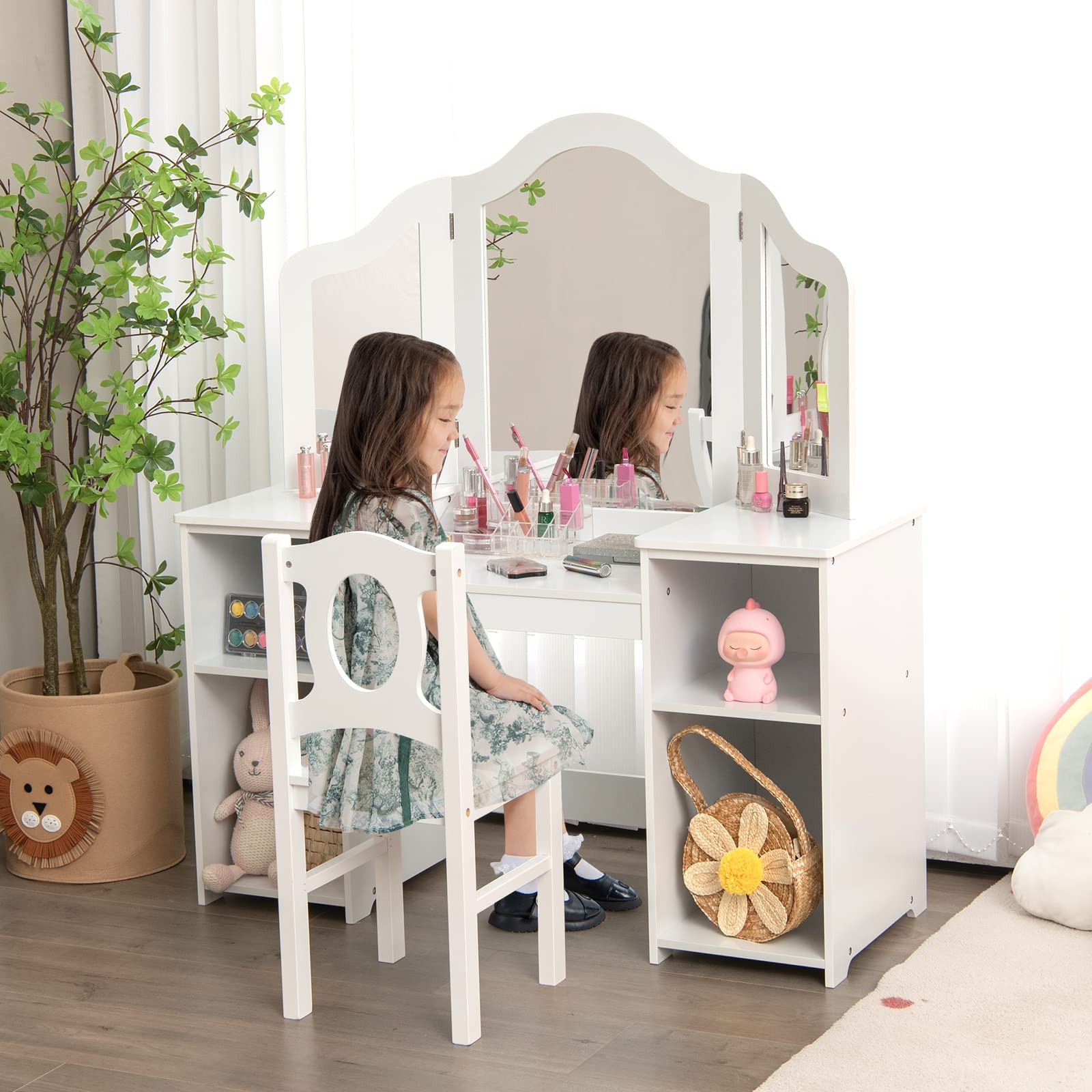 INFANS Kids Vanity Set - 2-in-1 Princess Makeup Desk & Chair with Tri-Folding Mirror, Large Storage Shelves, Wooden Pretend Play Dressing Table for Girls - Perfect for Birthday Gifts & Bedroom Decor