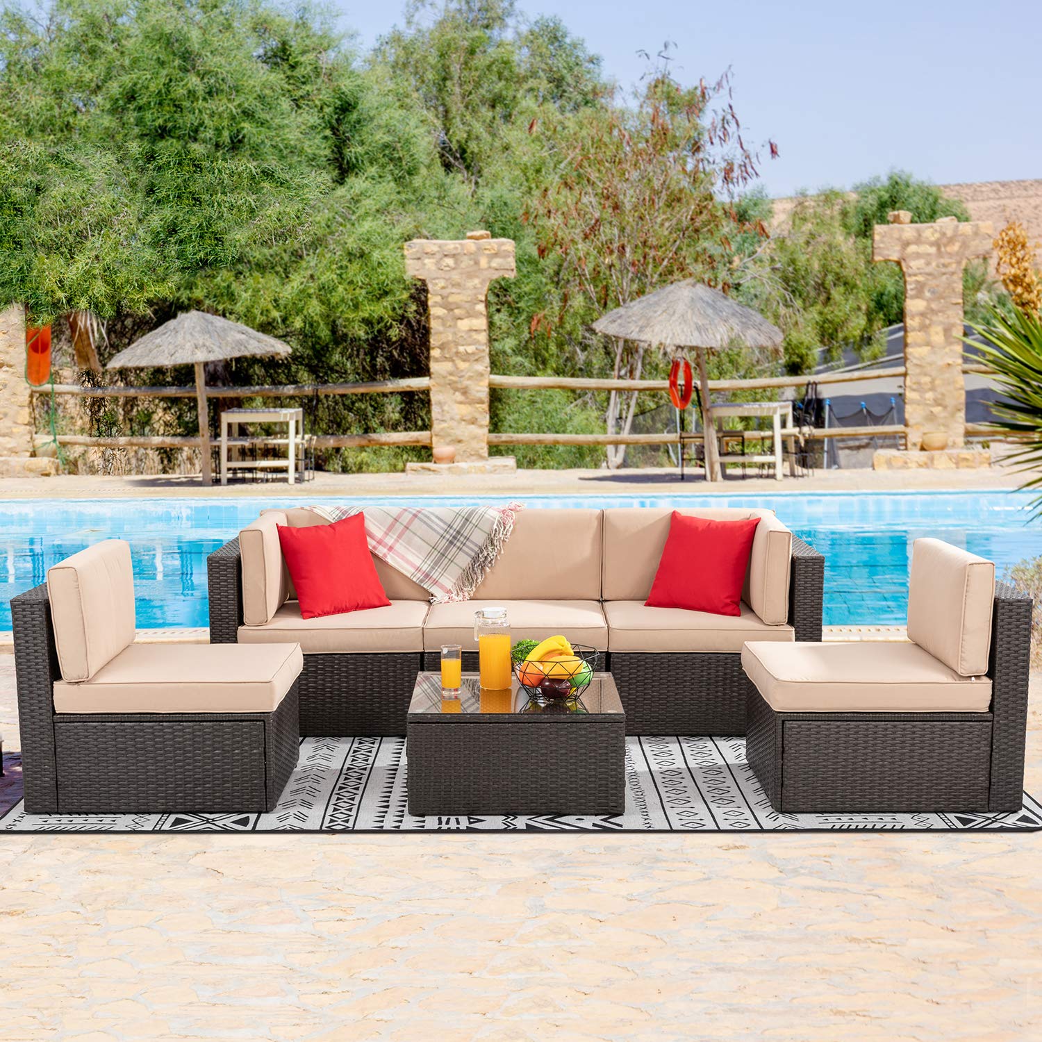 Vongrasig 6-Piece Outdoor Patio Furniture Set - PE Wicker Rattan Sectional Sofa with Coffee Table for Garden, Backyard, Poolside (Beige) | Perfect for Relaxing, Entertaining & Outdoor Gatherings