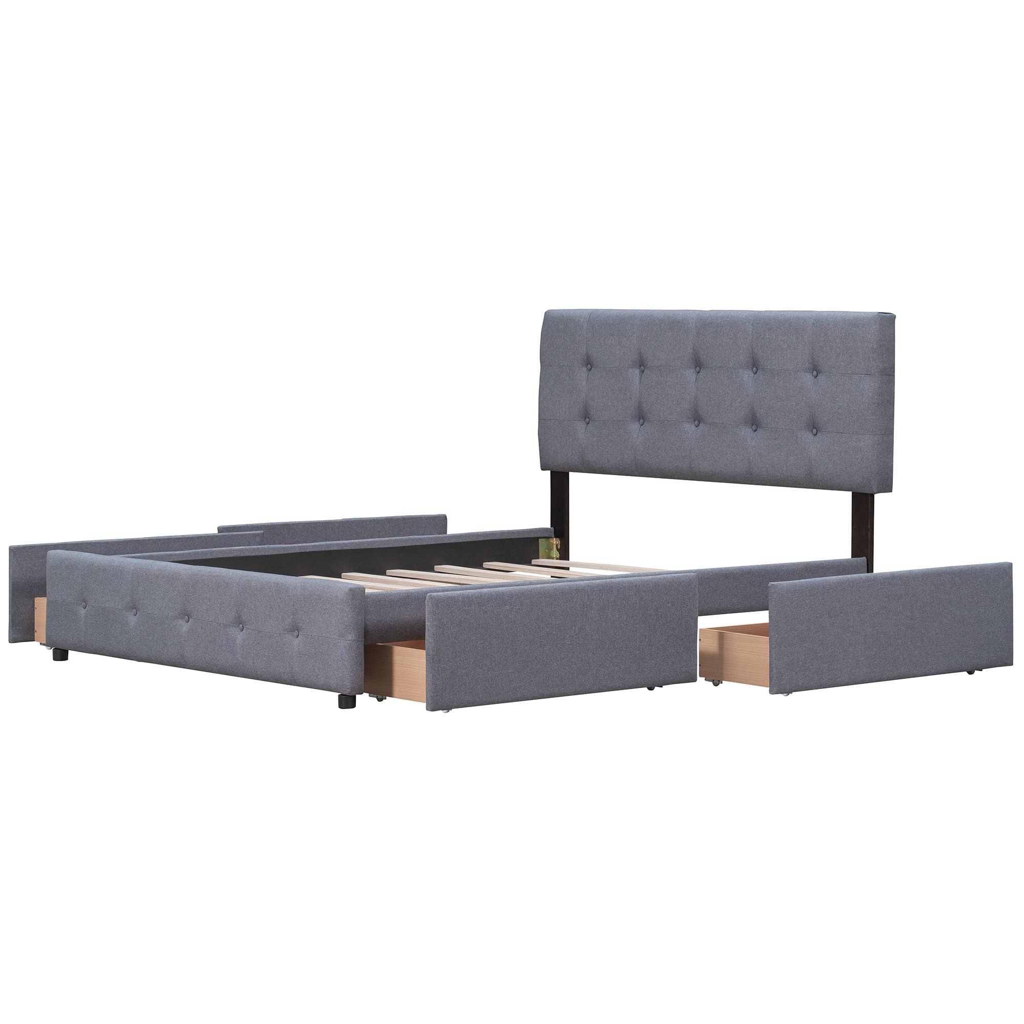 Queen Size Upholstered Storage Bed Frame with 4 Drawers & Headboard - Modern Button Tufted Platform Bed with Wooden Slat Support in Dark Gray Fabric | Perfect for Small Bedrooms, Guest Rooms & Space-Saving Solutions