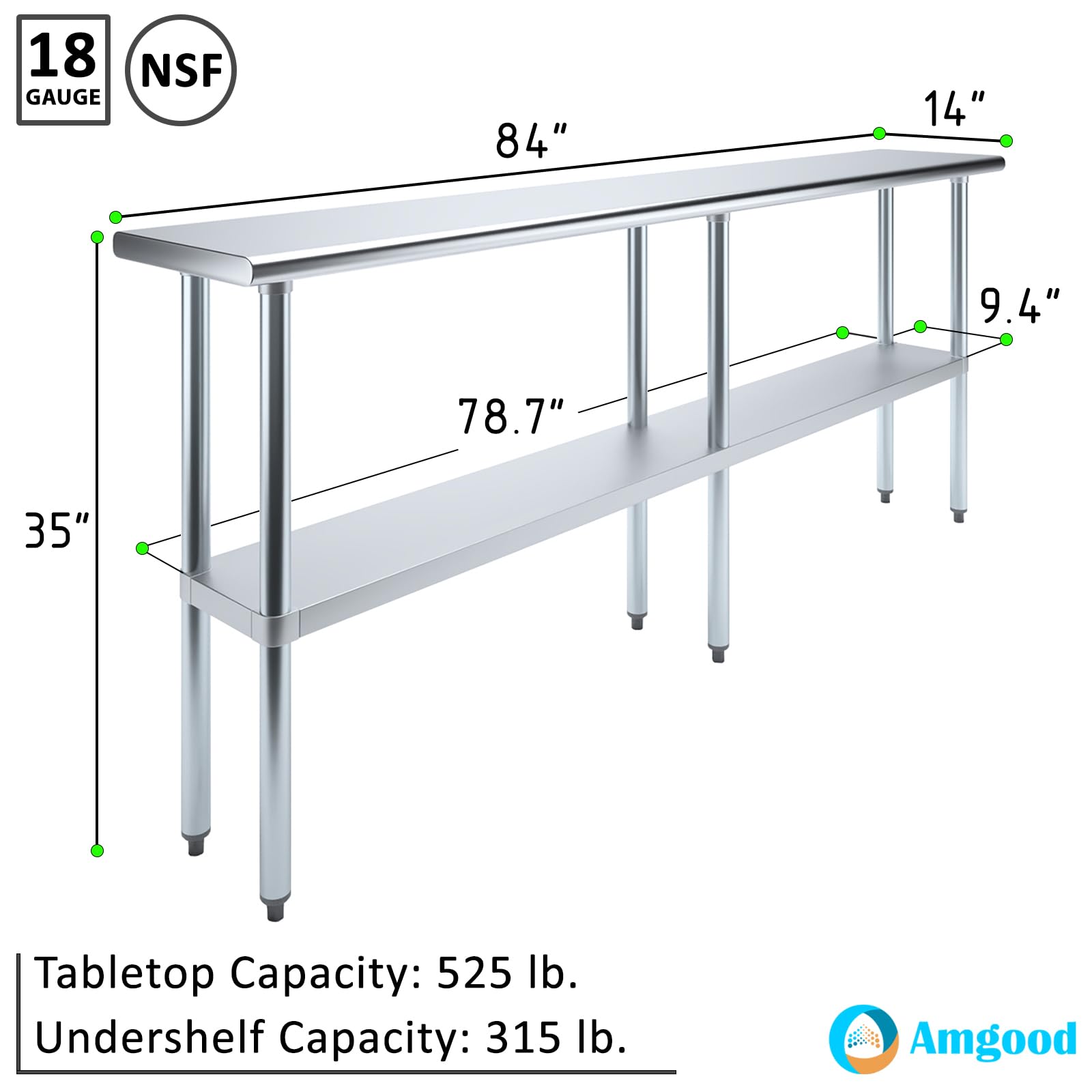 AmGood 14x84 Inch Stainless Steel Work Table - NSF Certified Commercial Kitchen Prep Table for Restaurants, Bakeries & Food Service