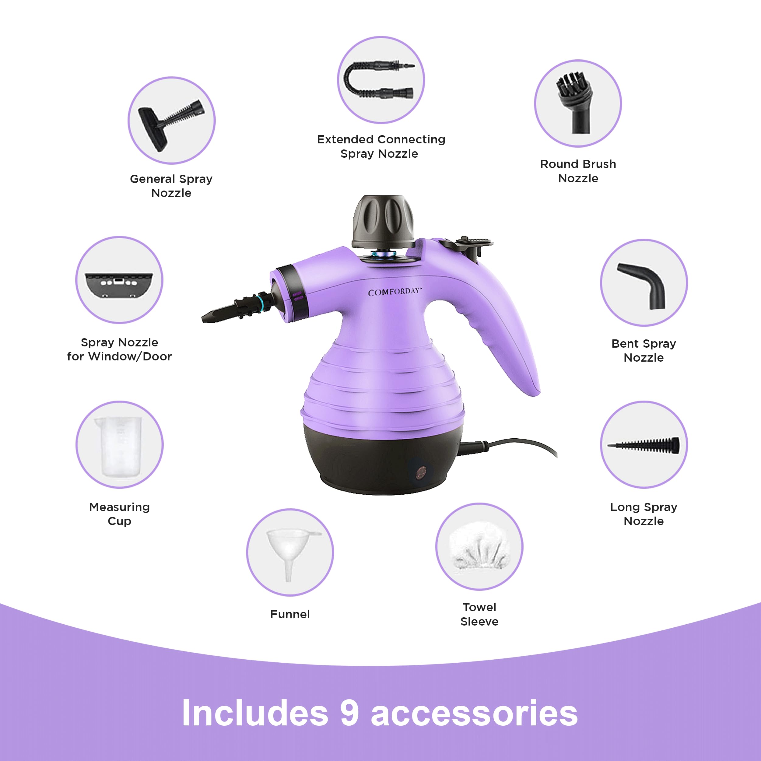 Comforday Multi-Purpose Handheld Pressurized Steam Cleaner with 9-Piece Accessories - Powerful Stain Remover for Curtains, Car Seats, Floors, Bathroom & Windows - Ideal for Home Deep Cleaning & Sanitizing (Purple)