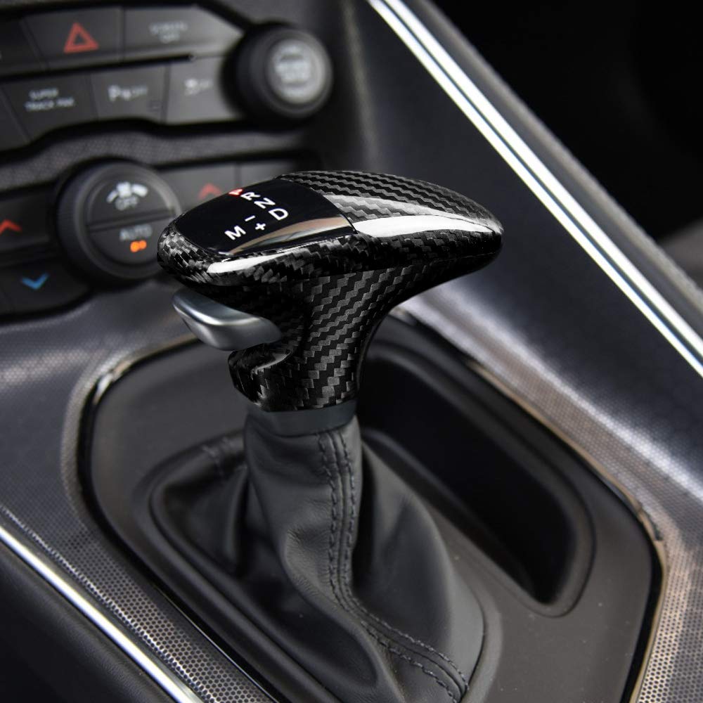 Premium Carbon Fiber Gear Shift Knob Cover - Interior Trim Accessory for Dodge Challenger & Charger 2015-2019 (3-Piece Set) - Enhances Grip & Style for Racing Enthusiasts & Daily Commuters