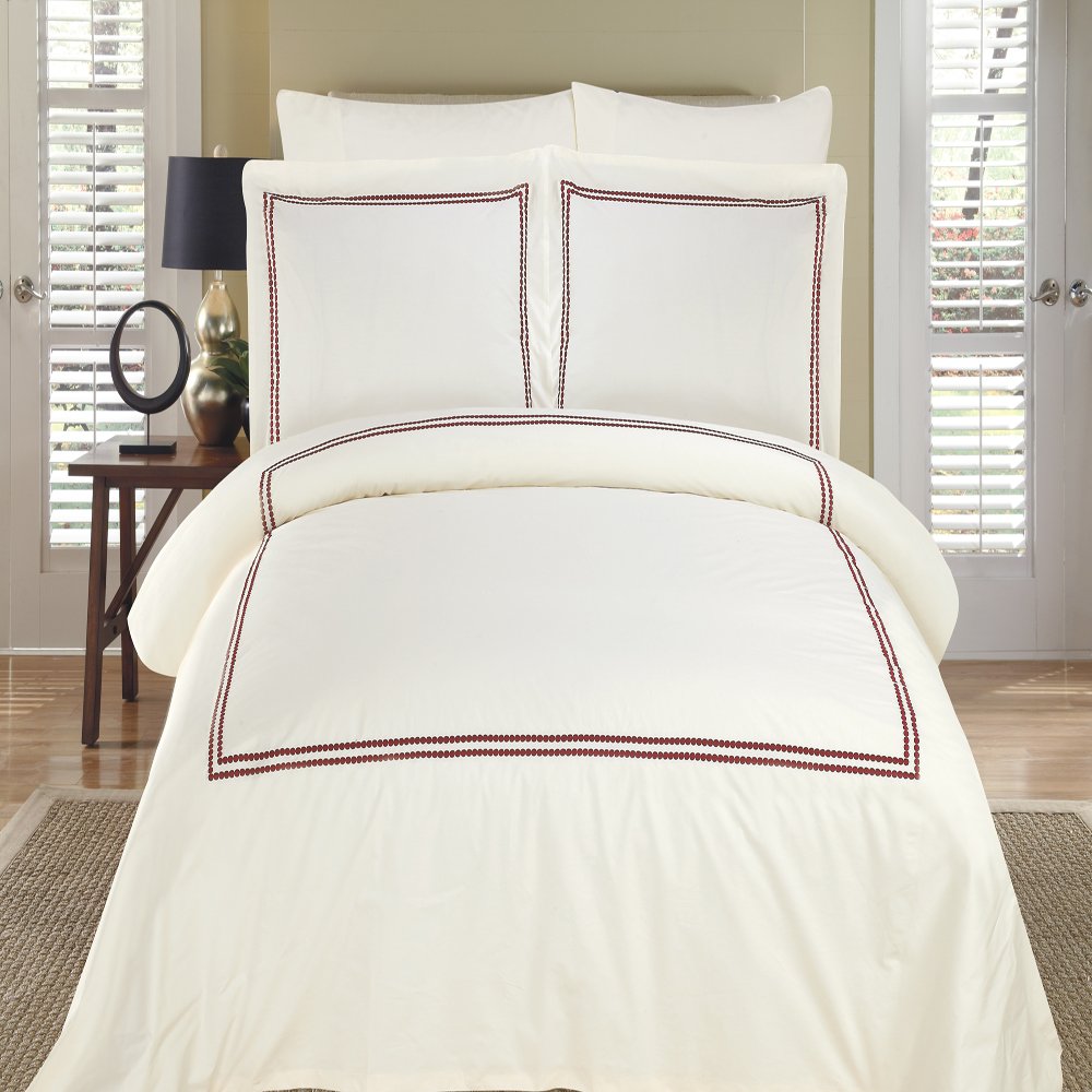 Premium King/California King Size Maya Ivory & Burgundy Embroidered Duvet Cover Set - Luxury 100% Cotton Bedding for Master Bedroom & Guest Room Decor