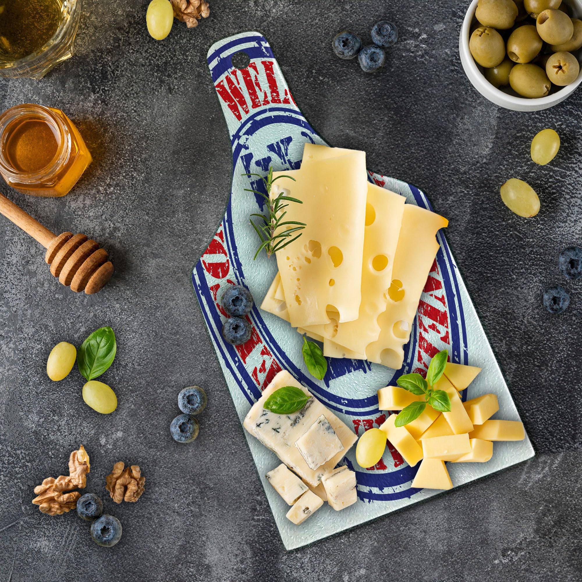 Ambesonne Popstar Party Cutting Board - Grunge Style Live Music Festival Design - Tempered Glass Serving Board for Cheese, Charcuterie & Wine - Blue Red White Wine Bottle Shape - Perfect for Parties, Entertaining & Home Decor