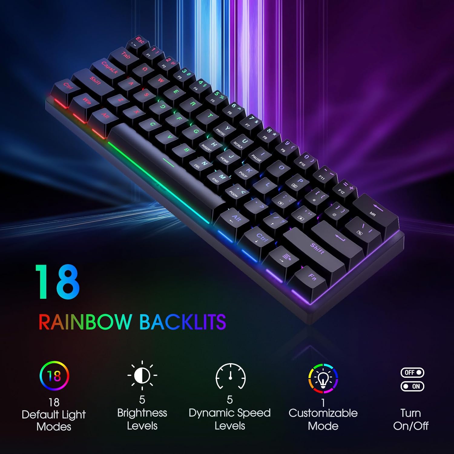Portable 60% Mechanical Gaming Keyboard with Red Switches - Wired Ergonomic 61-Key Compact Keyboard for PC, Mac & Xbox - 18 LED Backlit Mini Office Keyboard (Black/White) - Perfect for Travel, Gaming & Work