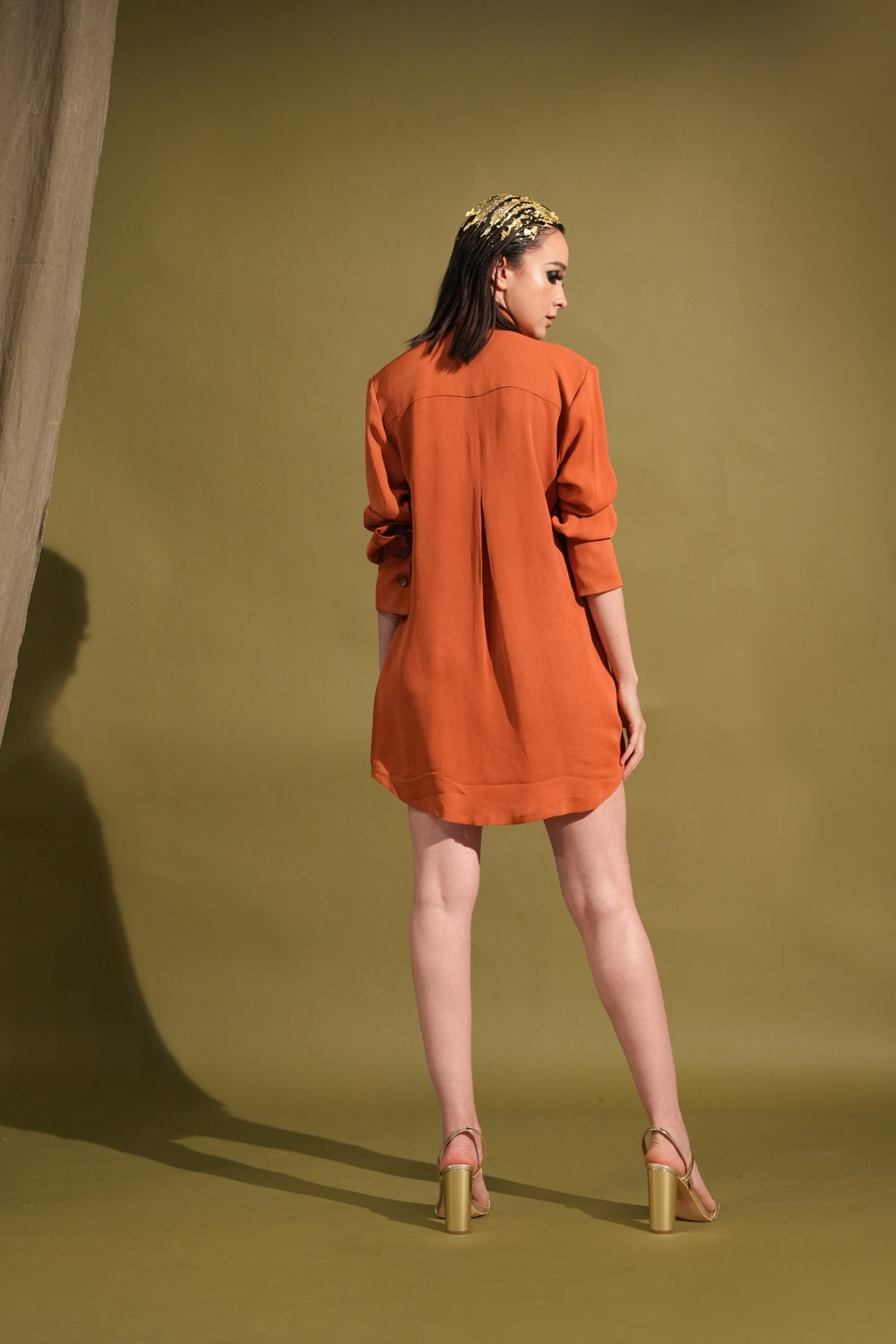 Elegant Tangerine Short Dress with Intricate Threadwork & Metallic Embellishments - Perfect for Summer Parties, Cocktail Events & Beach Vacations