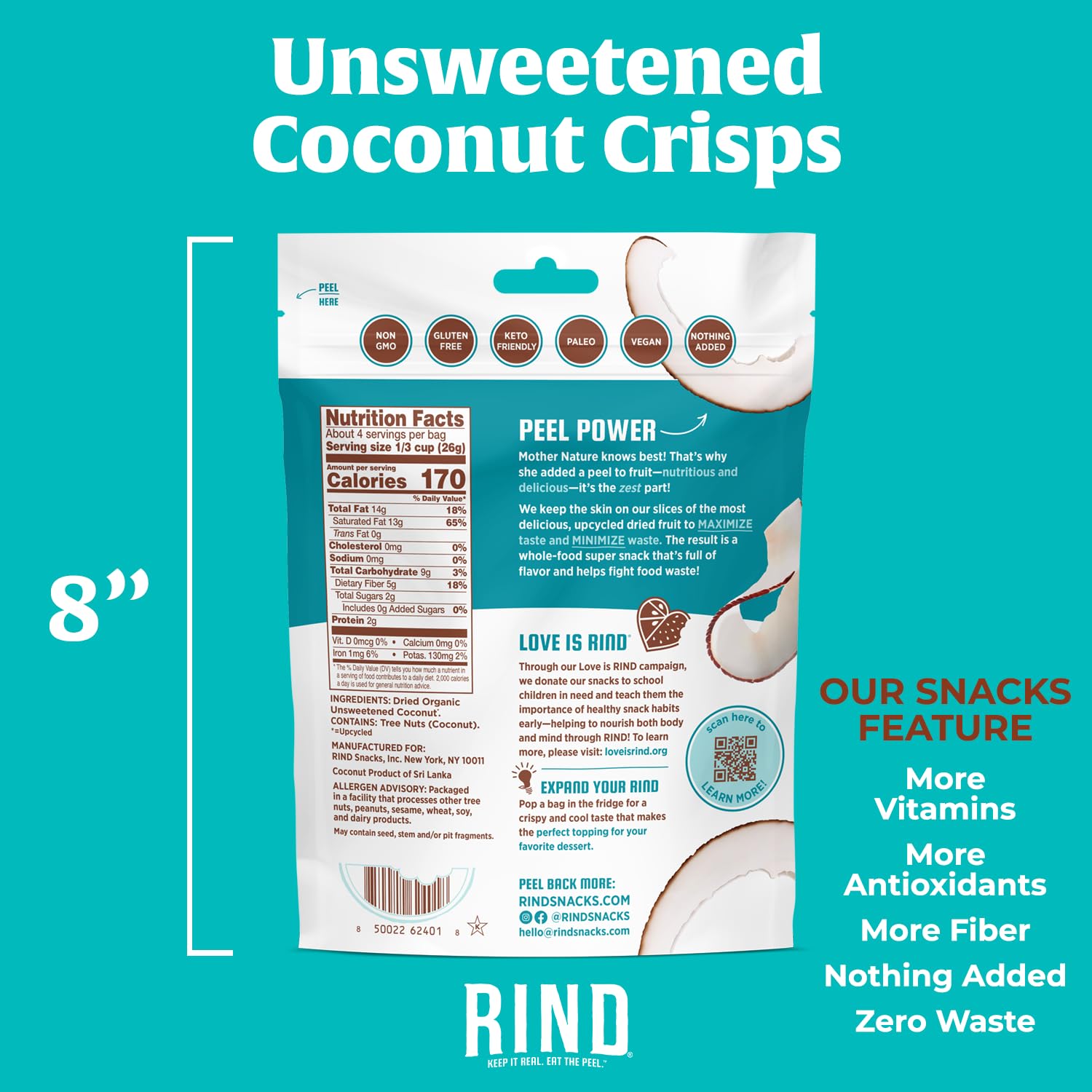 RIND Snacks All Natural Coconut Crisps - Unsweetened Dried Fruit Superfood, Low Carb High Fiber Keto Gluten Free Vegan Paleo Snack Chips - Perfect for Healthy On-the-Go Snacking, Office Lunch, and Travel - 3.5oz (3 Pack)