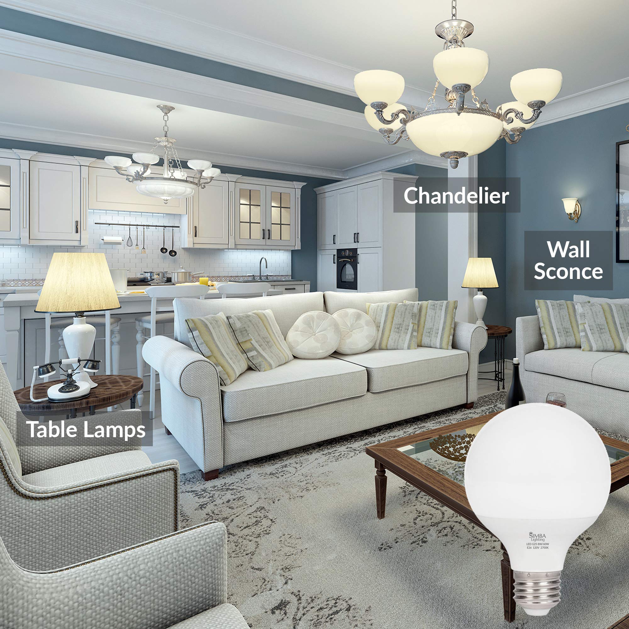 Simba Lighting LED Vanity Globe G25 G80 Light Bulb - 8W (60W Equivalent) Warm White 2700K, Frosted White Cover, E26 Medium Base, 120V - Pack of 3 for Bathroom Makeup Mirror & Decorative Lighting