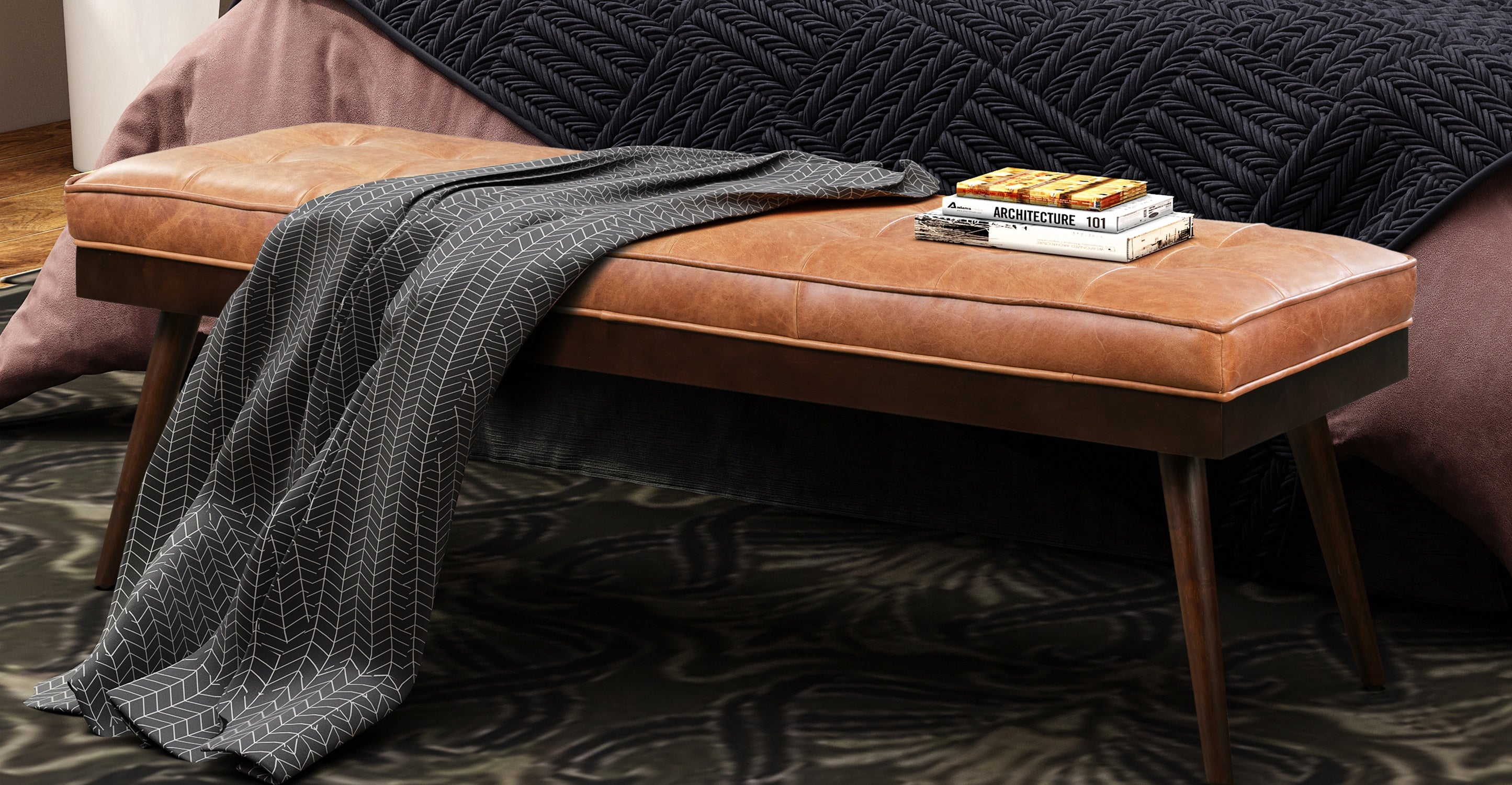 Luca Leather Bench - Modern Upholstered Storage Ottoman with Tufted Design for Living Room, Bedroom, or Entryway - Durable Faux Leather Seat with Sturdy Wooden Legs - Perfect for Extra Seating, Footrest, or Stylish Home Decor