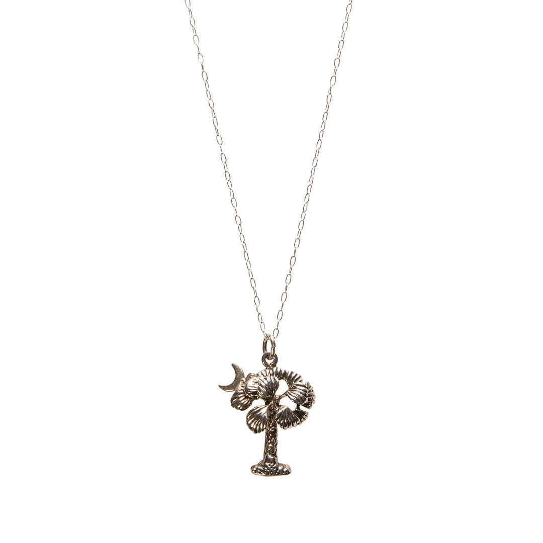 Sterling Silver Palmetto Tree & Crescent Moon Pendant Necklace - Elegant Southern Charm Jewelry for Women, Perfect for Everyday Wear, Gifts & Special Occasions