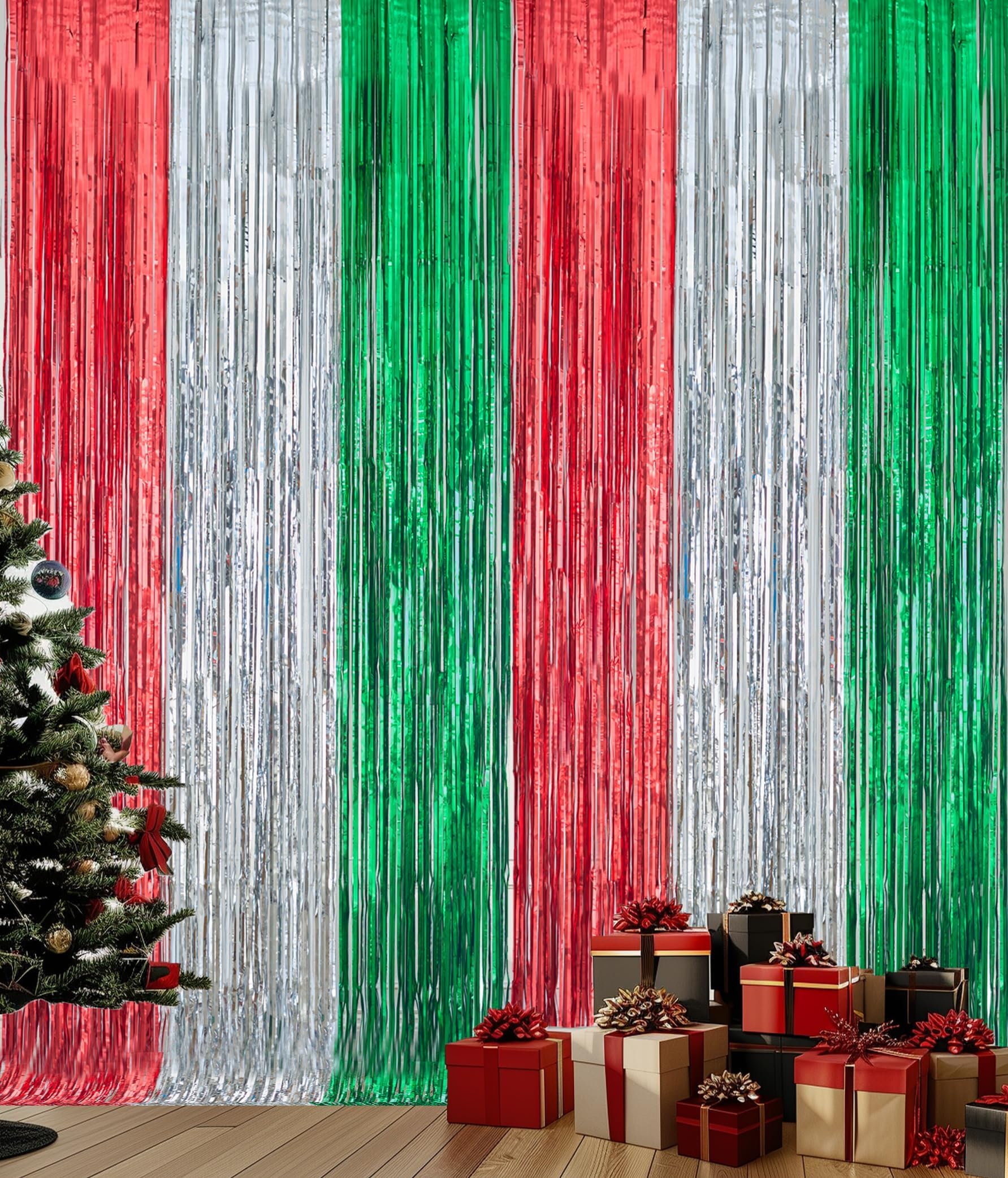 2 Pack 3.2ft x 8.2ft Christmas Foil Fringe Curtain - Metallic Tinsel Backdrop, Green Red Silver Party Decorations for Wall Hanging, Indoor Holiday Party Decor, Xmas Photo Booth & Home Decoration