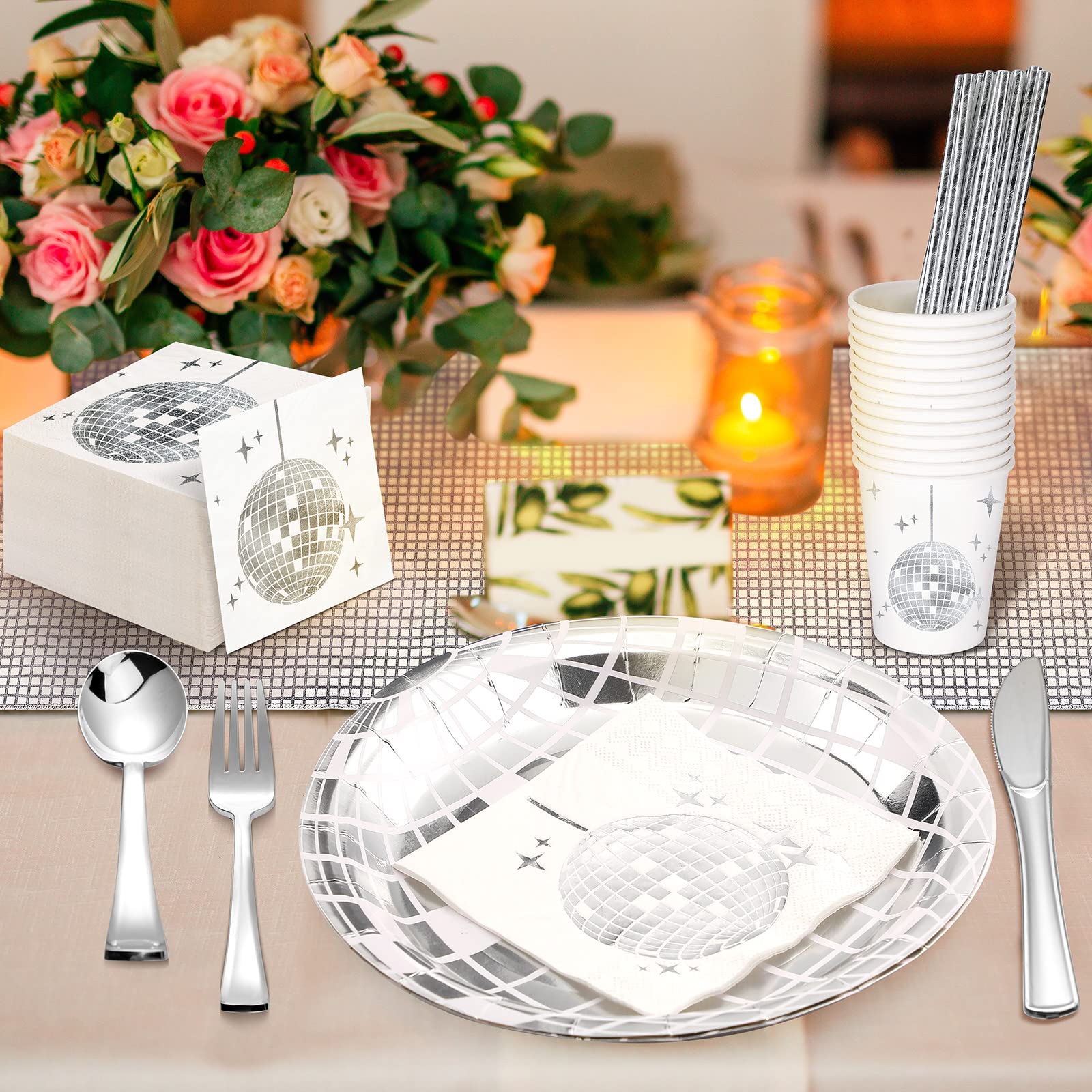 Marsui 201 Pcs Disco Ball Party Decorations Kit - 70s Theme Party Supplies with Glitter Table Runner, Disco Ball Plates, Napkins, Paper Cups & Straws for Birthday, New Year Celebrations (Silver) | Perfect for Themed Parties, Disco Nights & Retro Events