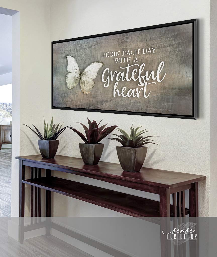 Inspirational Wall Art - 'Begin Each Day' Motivational Quote Canvas Print with Black Floating Frame, Religious & Blessed Home Decor, Large Butterfly Wall Décor (Grey, 42x19 Inches) - Perfect for Living Room, Bedroom & Office Inspiration