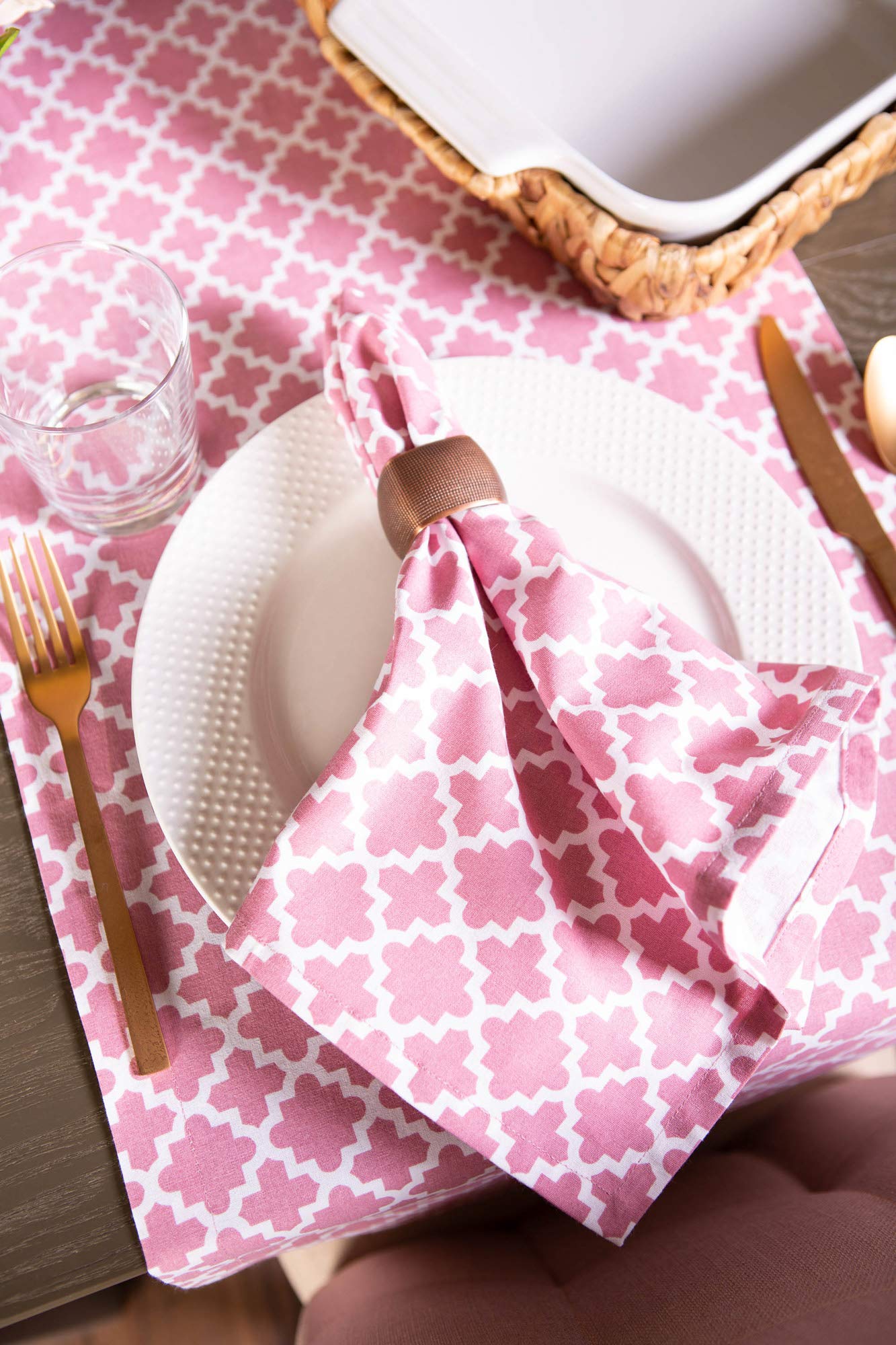 Moroccan Quatrefoil Cotton Table Runner 108 Inch - Rose Pink & White - Elegant Dining Table Decor for Weddings, Parties & Home Decor