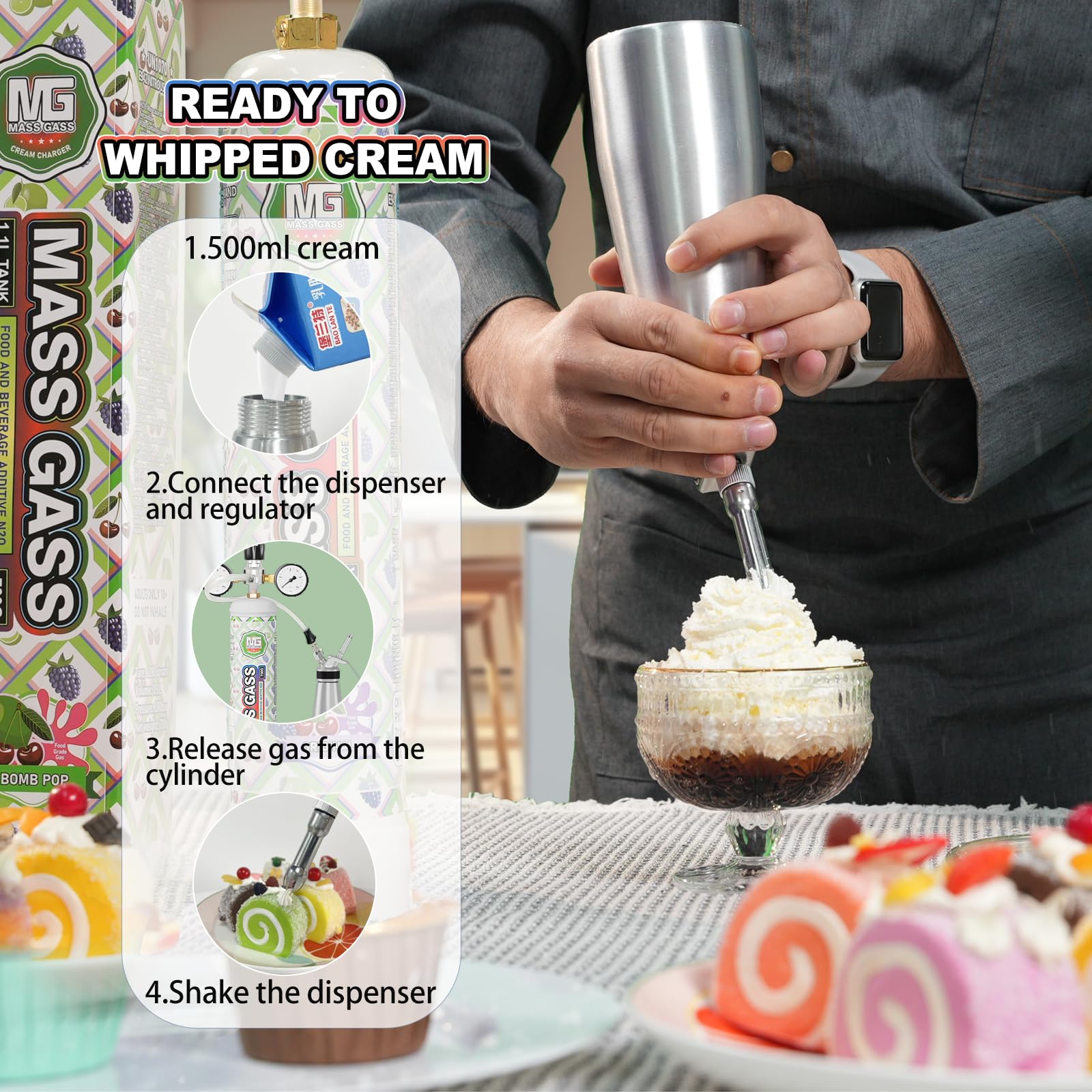 Premium Whipped Cream Chargers - MassGass 700g 1.1L (6 Cylinders) - N2O Cream Chargers for Professional Desserts, Coffee Toppings & Home Baking | Ideal for Bakeries, Cafes & DIY Dessert Lovers