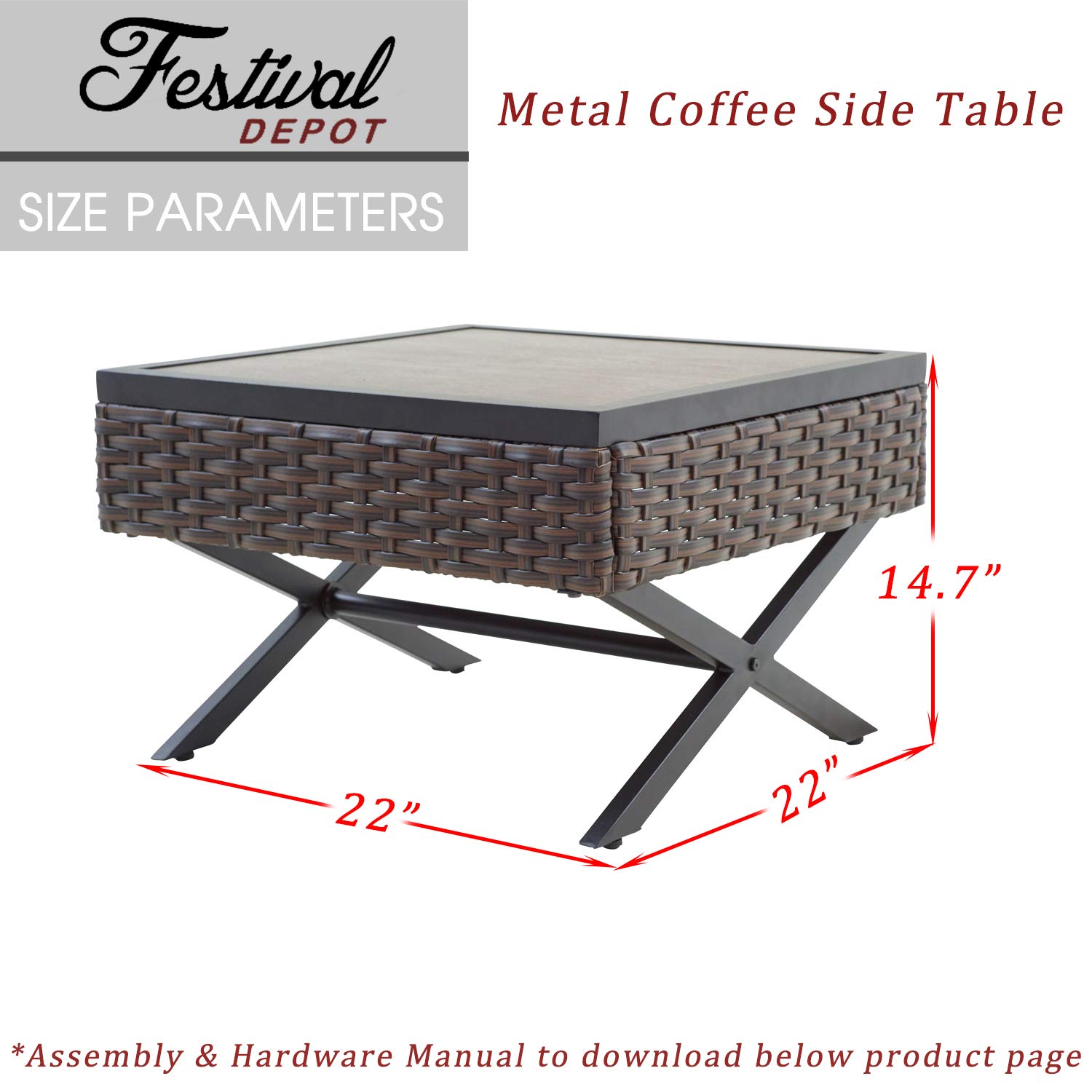 Festival Depot Metal Outdoor Side Coffee Table - Wood Grain Top Wicker Rattan Furniture with X-Shaped Steel Legs - Brown & Black Square Patio Bistro Table for Living Room, Dining Area, Garden & Poolside Relaxation