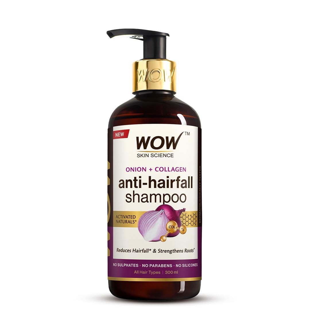 WOW Skin Science Onion & Collagen Shampoo for Hair Growth - Strengthens Roots, Nourishes Scalp, Prevents Breakage - Thickens & Adds Shine - 300ml Sulfate-Free Formula - Perfect for Damaged, Thin & Frizzy Hair at Home or Salon Use