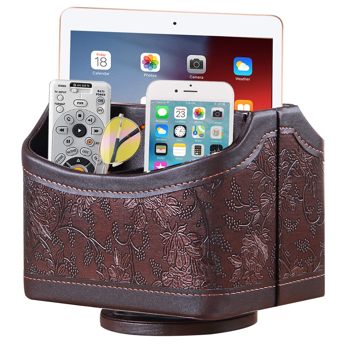Fchaibin Swivel TV Remote Control Holder - PU Leather Desk Organizer for Controllers, Phones & Accessories | Living Room & Bedroom Storage Box for Table, Nightstand & Entertainment Center