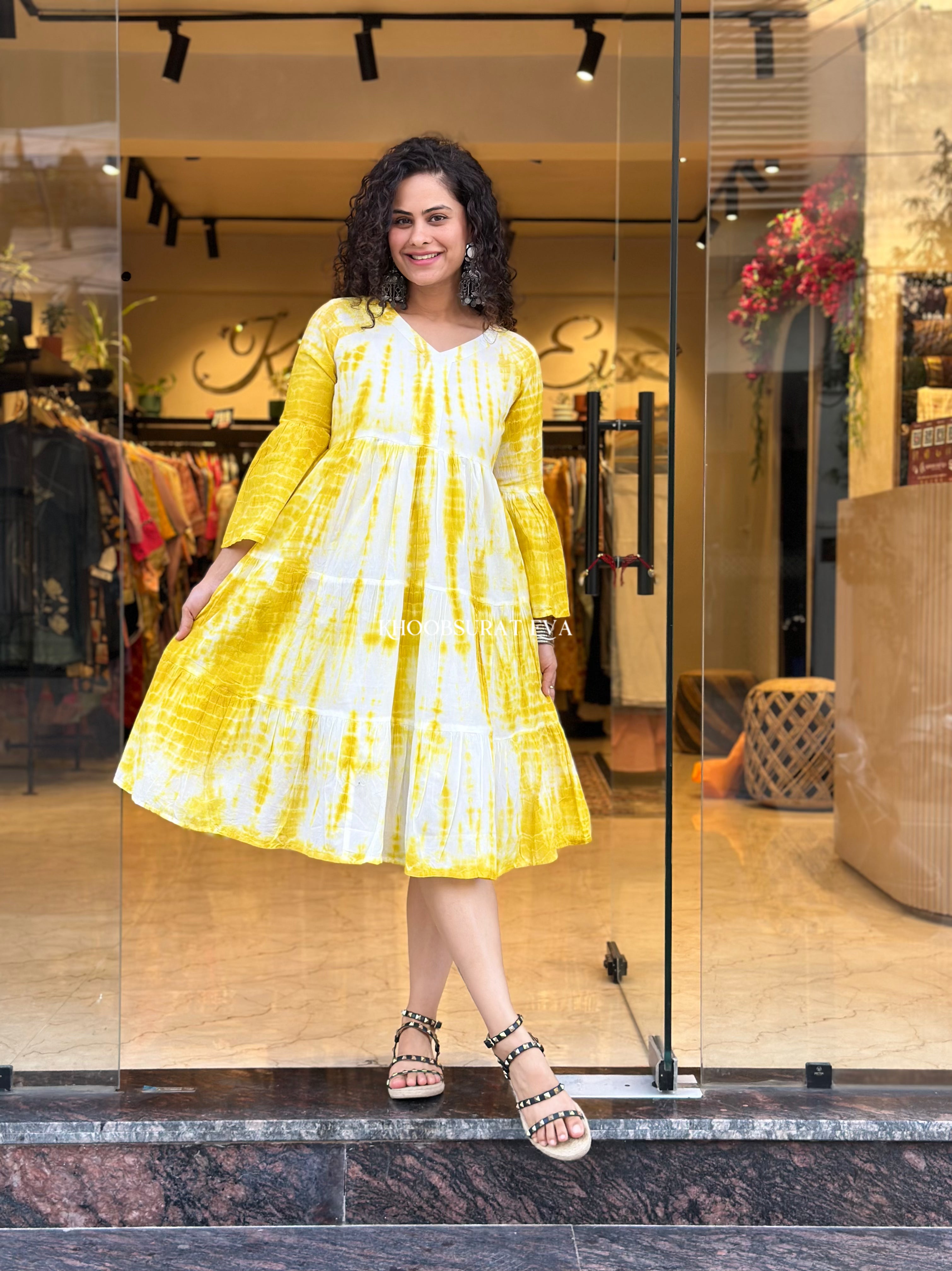 Sunshine Yellow Tie Dye Dress for Women - Boho Summer Maxi Dress with Flowy Sleeves - Perfect for Beach Vacations, Music Festivals & Casual Outings