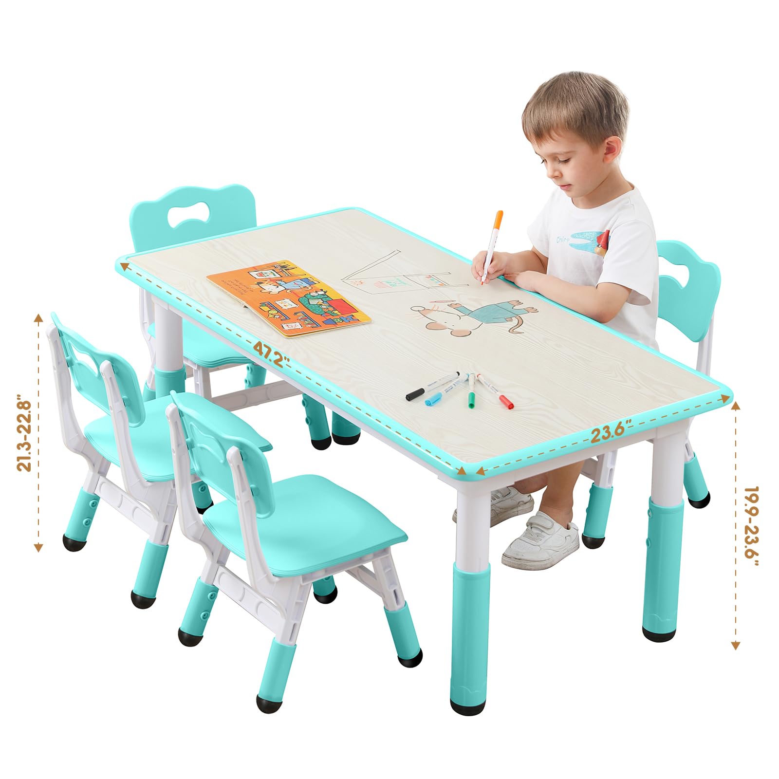 Adjustable Kids Toddler Table and Chair Set for Ages 5-8 - Non-Slip Covers, Washable Surface, Durable Preschool Furniture for Learning, Drawing & Art Activities - Perfect for Homeschooling, Classroom & Playroom