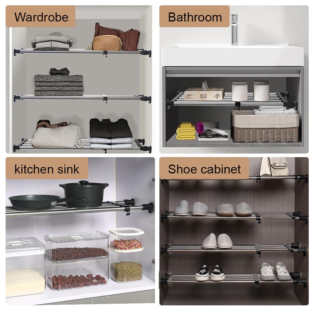 Hershii Expandable Closet Organizer - Adjustable Tension Shelf Rod (19.69-31.5 Inches) - Metal Storage Rack for Wardrobe, Cabinet, Kitchen & Bathroom - Space Saving DIY Divider - Perfect for Small Spaces & Closet Organization - Black