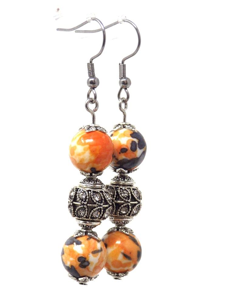 Stainless Steel Earrings with Jade Beads, Reconstituted Orange & Black Crystals - Elegant Dangle Earrings for Women, Perfect for Parties, Weddings & Everyday Wear