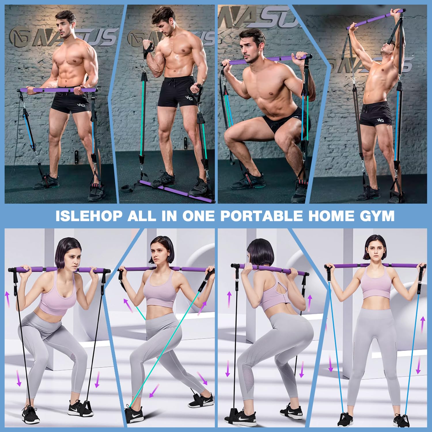 Pilates Bar Kit with 6 Resistance Bands - Yoga Exercise Bar with AB Roller - Portable Home Gym Equipment for Women & Men - Leg, Hip, Waist & Arm Workout - Perfect for Home Fitness, Yoga & Pilates Training