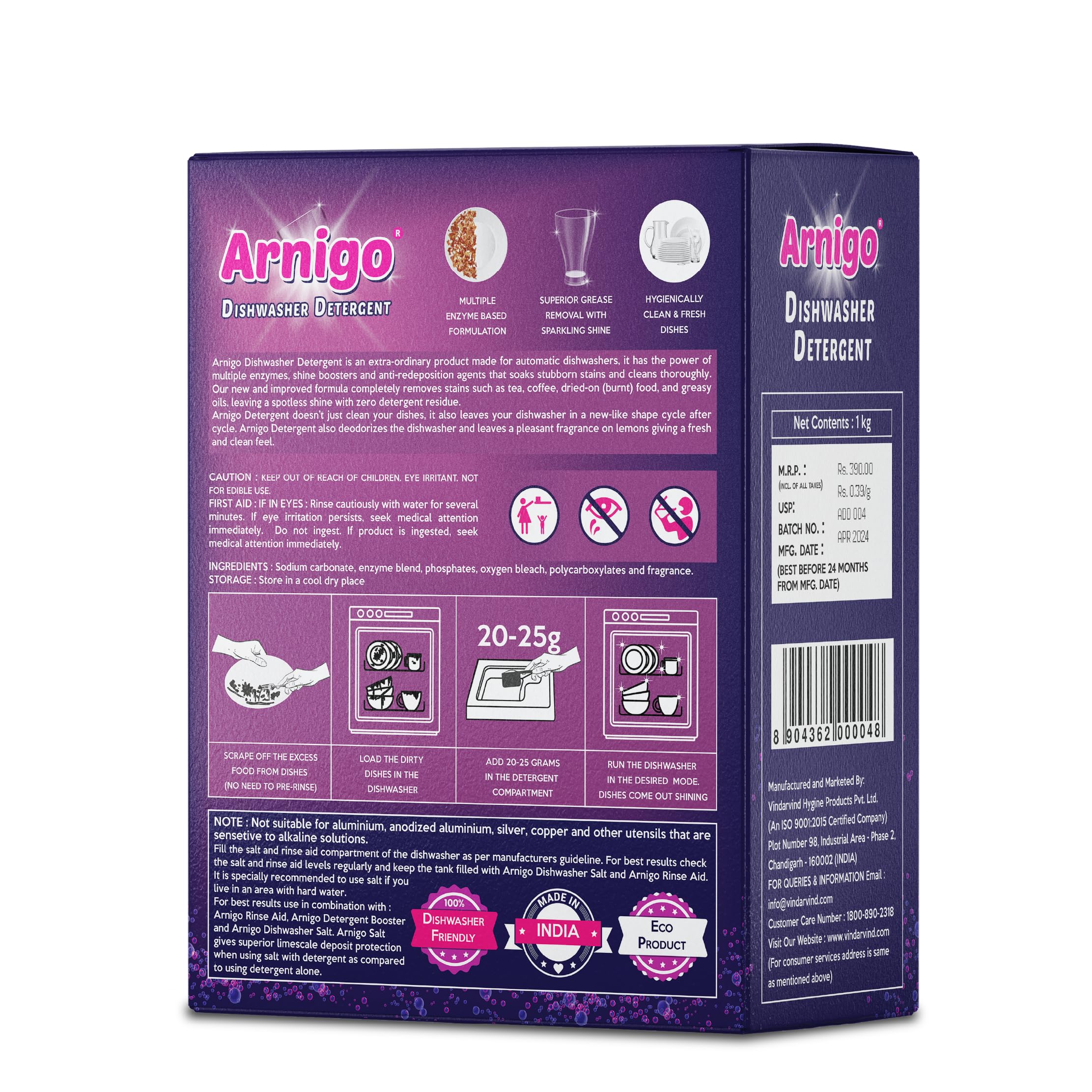 Arnigo Dishwasher Detergent Powder - Enzyme Rich Formula for All Brands | No Pre-wash Needed | Crystal Clean Shine with Mineral-based Technology (1kg) - Perfect for Daily Dishwashing & Hard Water Areas