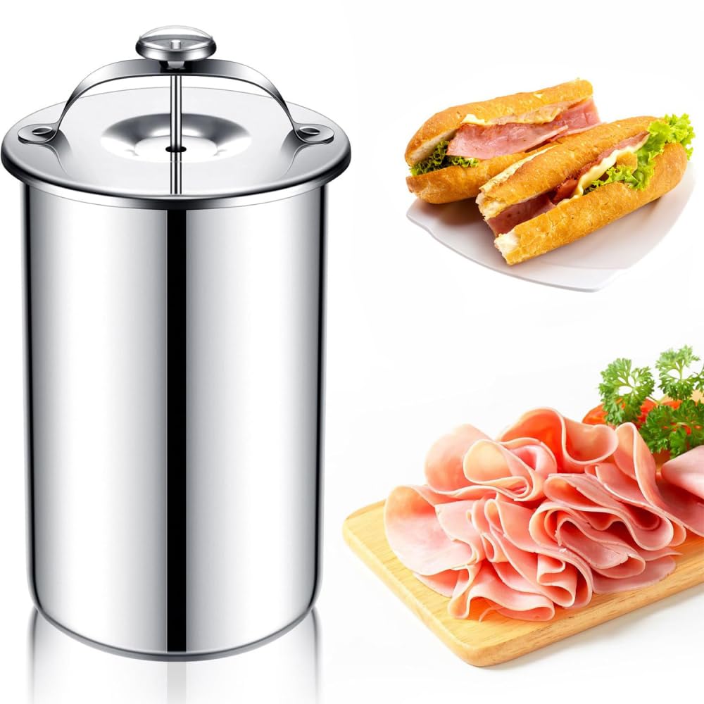 Stainless Steel Ham & Sandwich Meat Press Tool with Thermometer - Deli Meat Press Maker for Lunch, Cooking & BBQ - Heavy Duty Stainless Steel Meat Press Cooker with Flat Handle for Home & Commercial Use