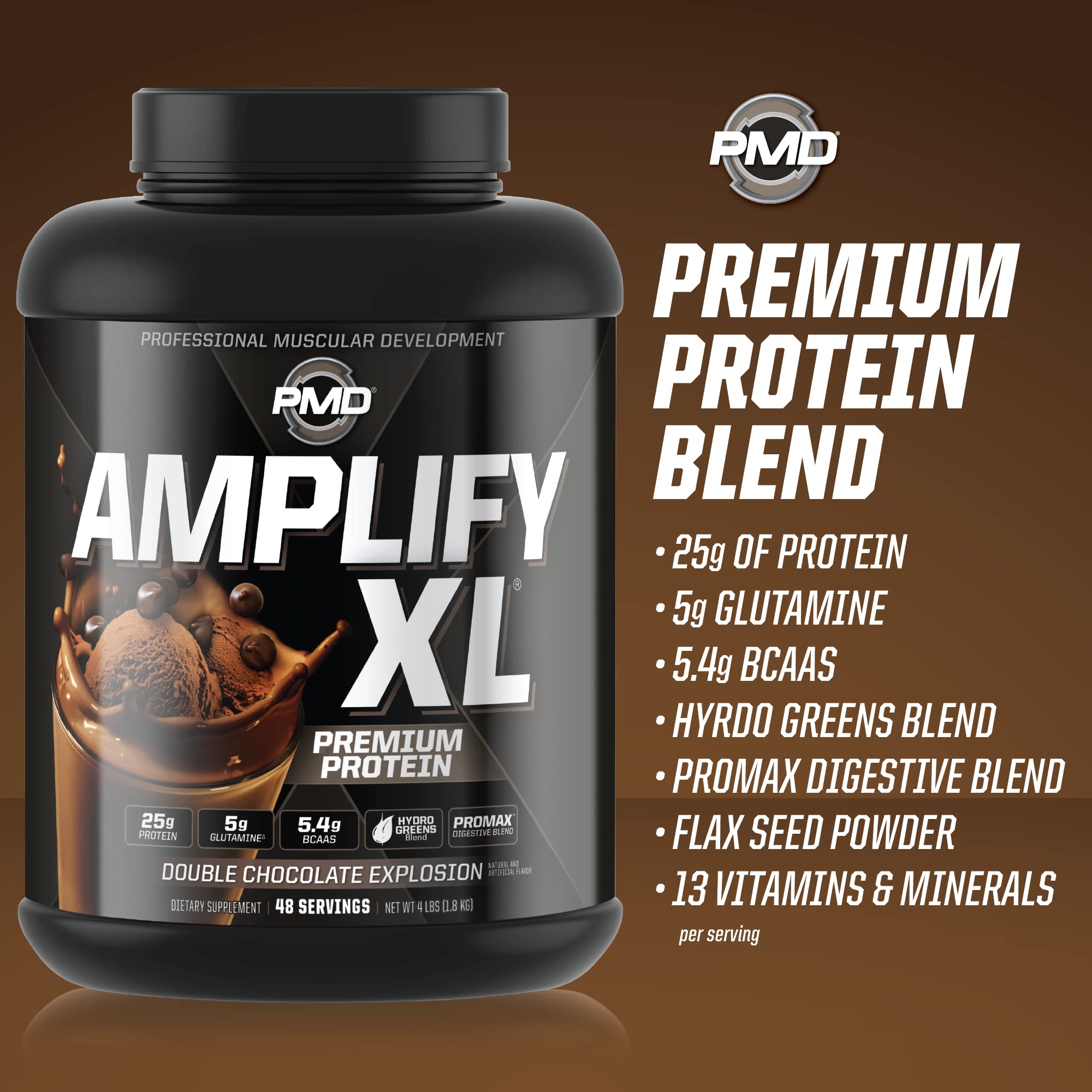 PMD Sports Amplify XL Premium Whey Protein Powder with Hydro Greens Blend - Glutamine & Whey Protein Matrix for Muscle Growth, Strength & Recovery - Superfood Enriched Double Chocolate Flavor (48 Servings) - Ideal for Post-Workout Shakes, Smoothies & Meal Replacement