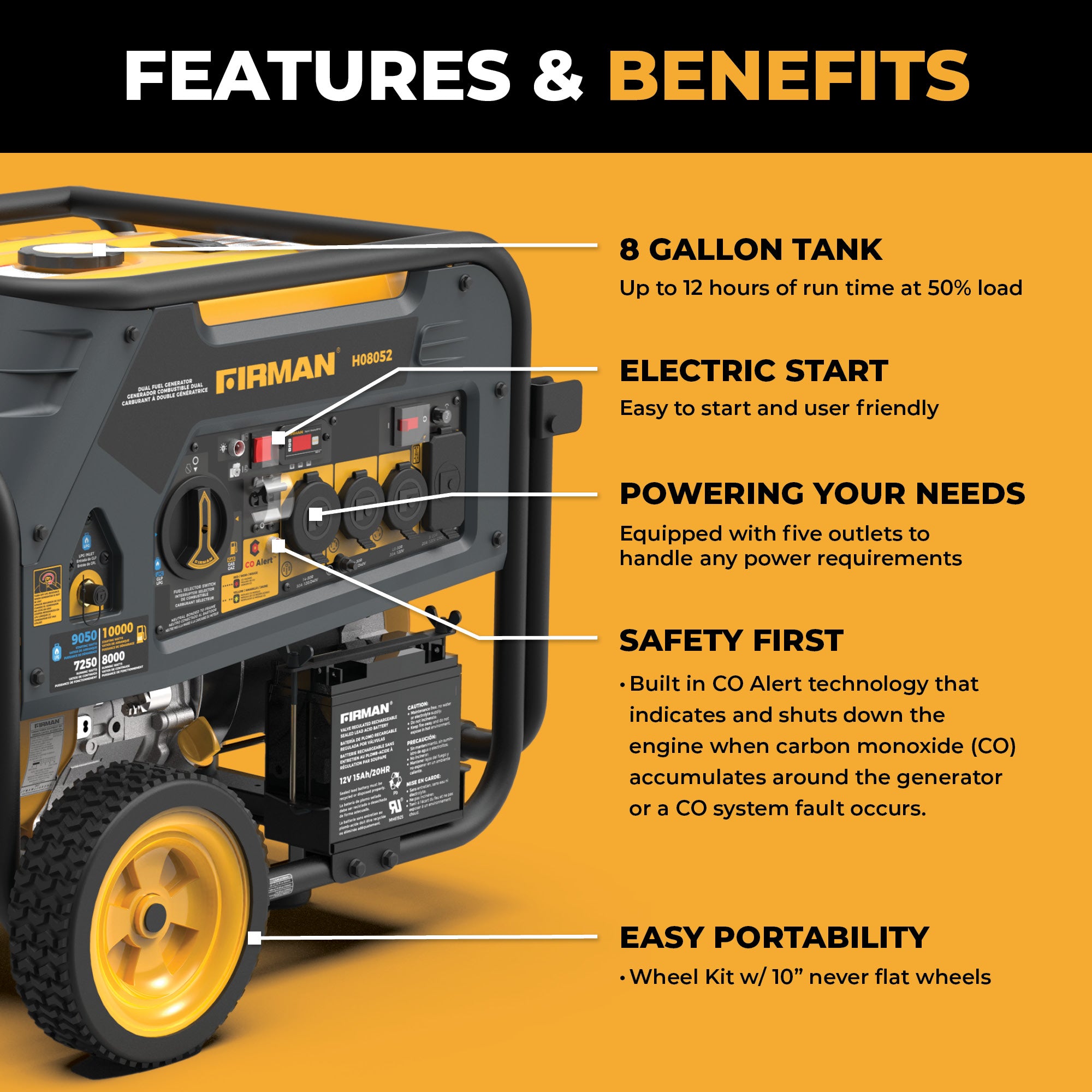 10000W Dual Fuel Portable Generator with Electric Start - 120/240V Output & CO Alert - Perfect for Home Backup Power, Camping, and Outdoor Events