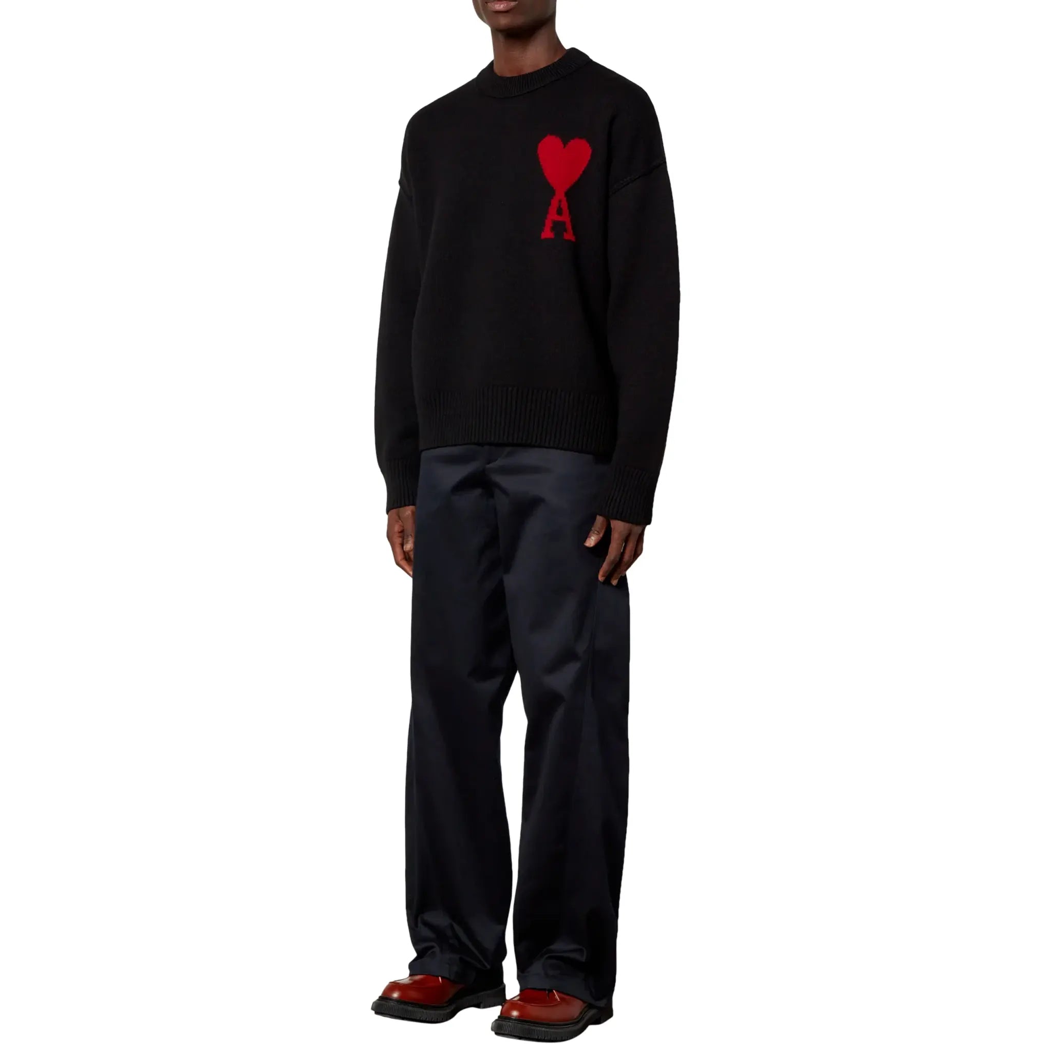 Ami Paris Red Ami De Coeur Logo Intarsia Off Black Sweatshirt for Men - Casual Pullover Hoodie for Streetwear & Everyday Fashion