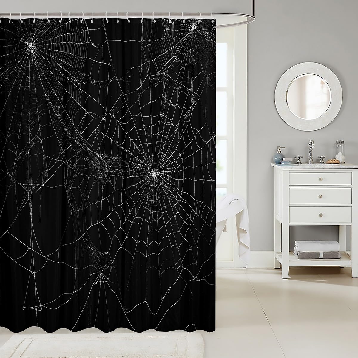 Spider Web Bath Curtain - Halloween Themed Black & White Spider Print Shower Curtain Set, Waterproof Polyester Fabric (72x78 inches) - Perfect for Halloween Decor, Bathroom Makeover & Spooky Party Themes