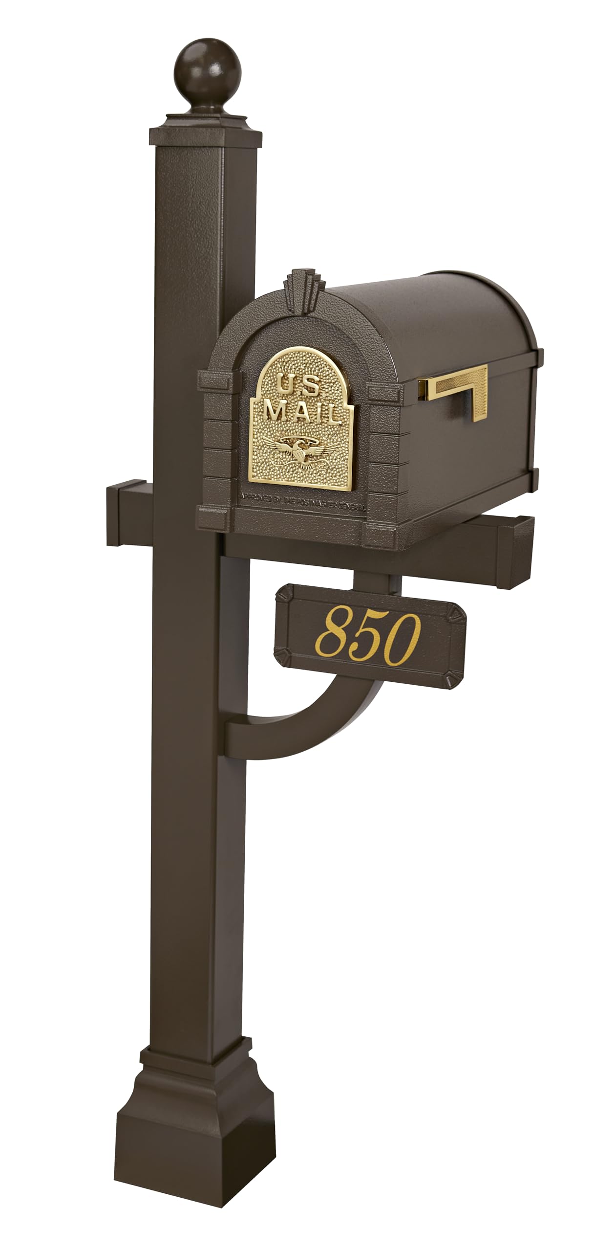 Gaines Keystone Deluxe Post and Mailbox Set with Custom Address Plaque & Decorative Brass Eagle Cuff - Bronze Finish for Curb Appeal & Home Security | Perfect for Front Yard, Driveway & Rural Mailbox Installation