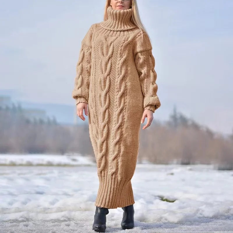 Women's Oversized Loose Knit Turtleneck Sweater Dress - Solid Color Long Pullover for Fall & Winter | Casual Office Wear, Layering Piece, Cozy Outfit