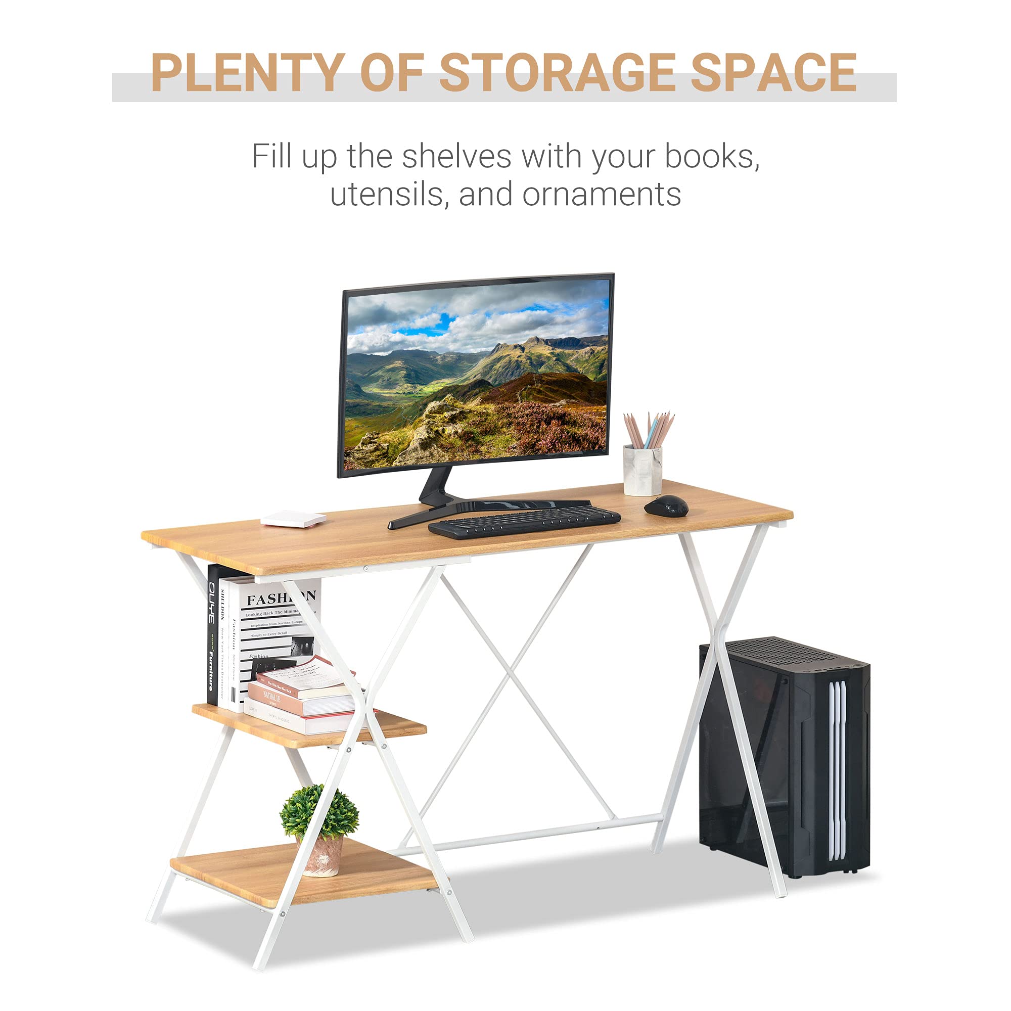 HOMCOM Computer Desk with Storage Shelves - Home Office Writing Desk, Study Workstation in Natural Wood Finish | Perfect for Small Spaces, Remote Work & Online Learning