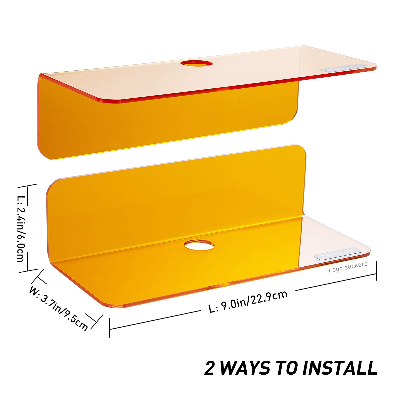 OAPRIRE Set of 2 Small Acrylic Floating Wall Shelves - 9 Inch Adhesive Display Shelf for Security Cameras, Smart Speakers, Action Figures - Includes Cable Clips - Clear Orange - Perfect for Home Office, Living Room, and Bedroom Organization