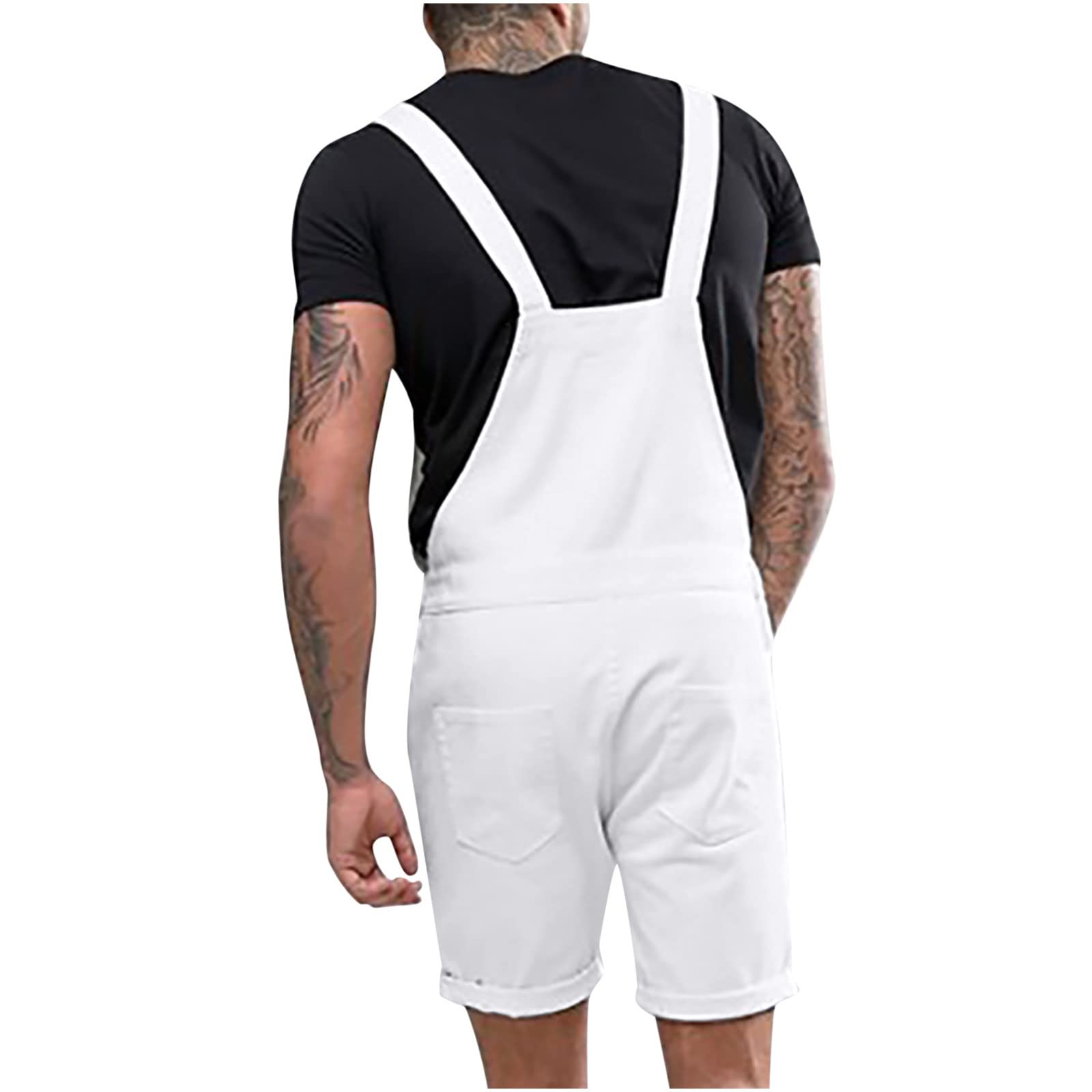 Men's Ripped Denim Bib Overalls Shorts - Knee-Length Suspender Pants with Multi-Pockets | Casual Workwear Jumpsuit for Outdoor Activities, Music Festivals & DIY Projects