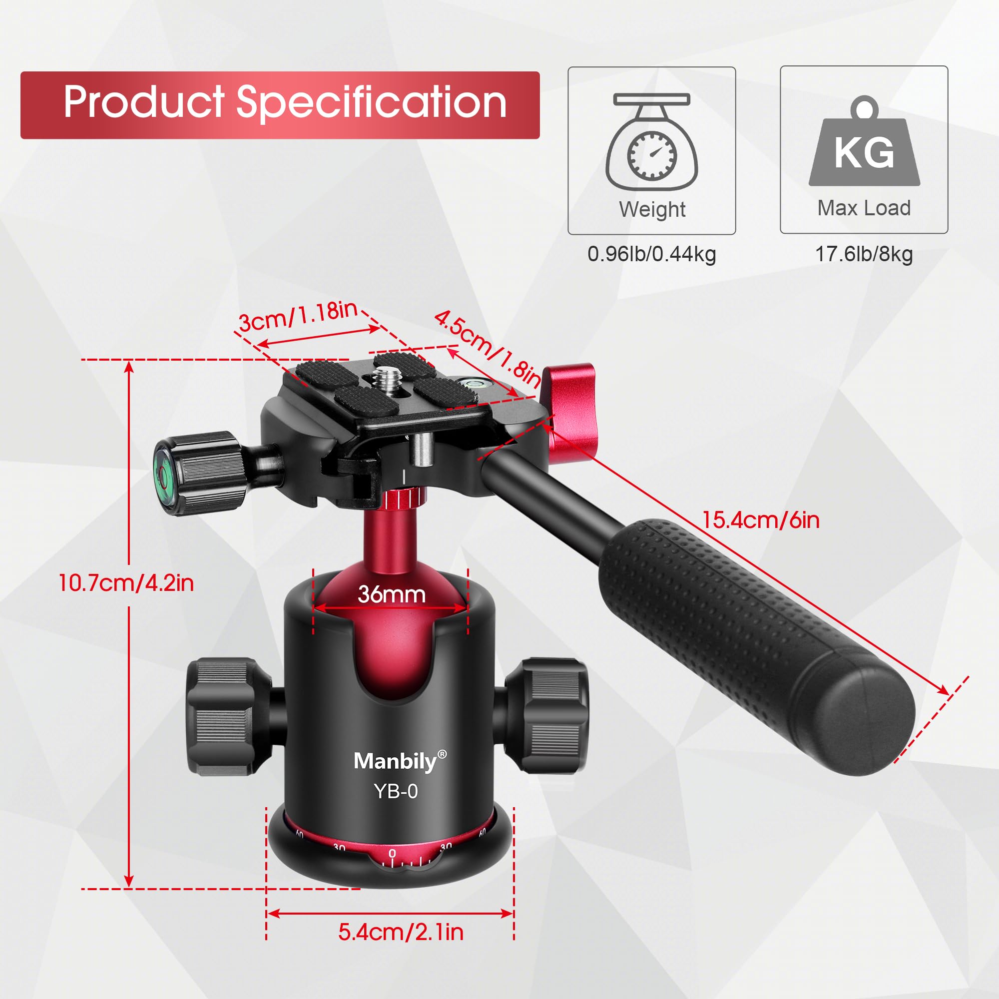 Manbily 36mm Aluminum Ball Head with Handle for Tripod & Monopod - 360° Panoramic Photography Head with Arca Swiss Quick Release Plate (2 Plates Included) - Compatible with DSLR, Camera, Phone & Camcorder - Perfect for Landscape, Portrait & Action Photography
