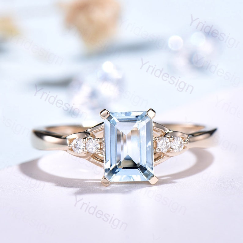 Natural Aquamarine Engagement Ring with Real Diamonds - 14K/18K White Gold Vintage Wedding Promise Ring - Fine Jewelry Gift for Her - Perfect for Anniversaries, Proposals & Special Occasions