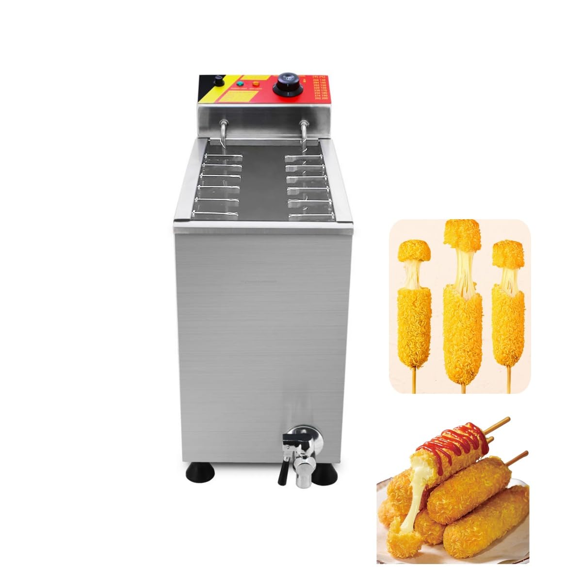 24L Commercial Electric Deep Fryer - Stainless Steel Korean Cheese Hot Dog & Waffle Stick Maker with 12 Hooks - Perfect for Corn Dogs, Mozzarella Sticks & Snack Shop Use - Ideal for Restaurants, Food Trucks & Home Kitchens