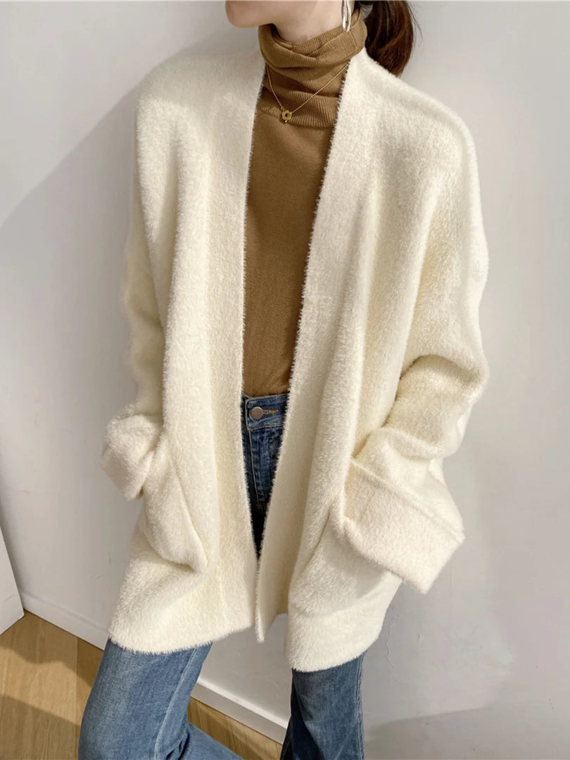 Luxury Big Size Camel Cashmere Knit Cardigan for Women - Loose Fit V-Neck Long Sleeve Sweater | Soft & Warm Winter Fashion 2025 | Perfect for Office, Travel & Casual Outfits