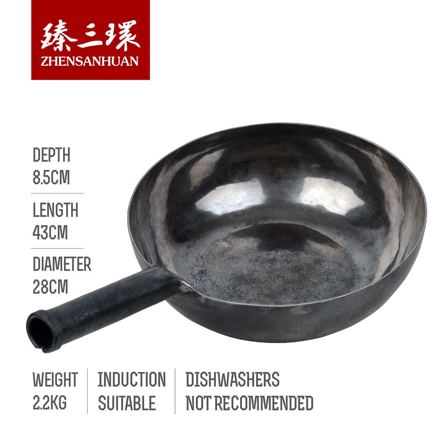 ZhenSanHuan Authentic Chinese Hand-Hammered Iron Wok - 30cm Non-Stick Carbon Steel Stir Fry Pan with Wooden Handle - No Chemical Coating, Induction Compatible - Perfect for Asian Cooking, Stir Frying & Home Kitchen Use