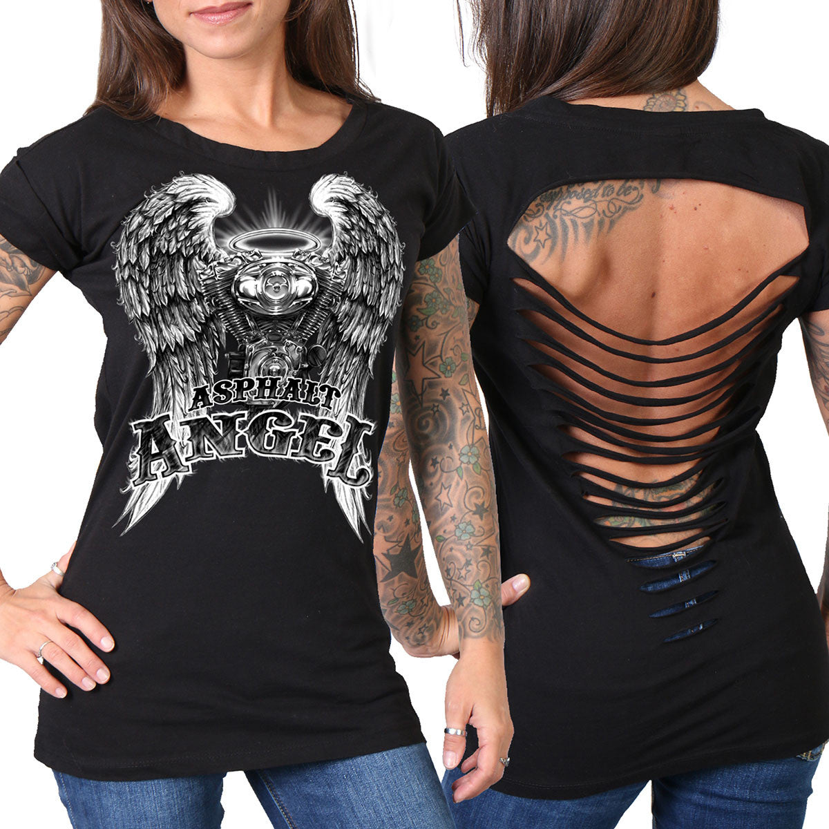 Hot Leathers Slit Back Asphalt Angel Ladies T-Shirt - Stylish Women's Graphic Tee for Casual Wear, Biker Events & Rock Concerts