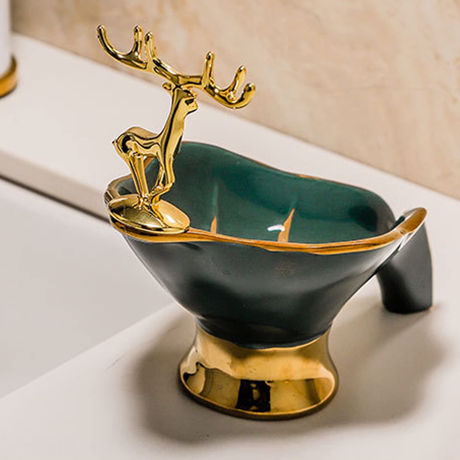 Luxury Ceramic Soap Dish with Golden Deer - Leaf Shaped Self Draining Soap Holder for Bathroom, Kitchen & Shower - Elegant Soap Storage Solution for Countertops, Vanities and Spa Decor